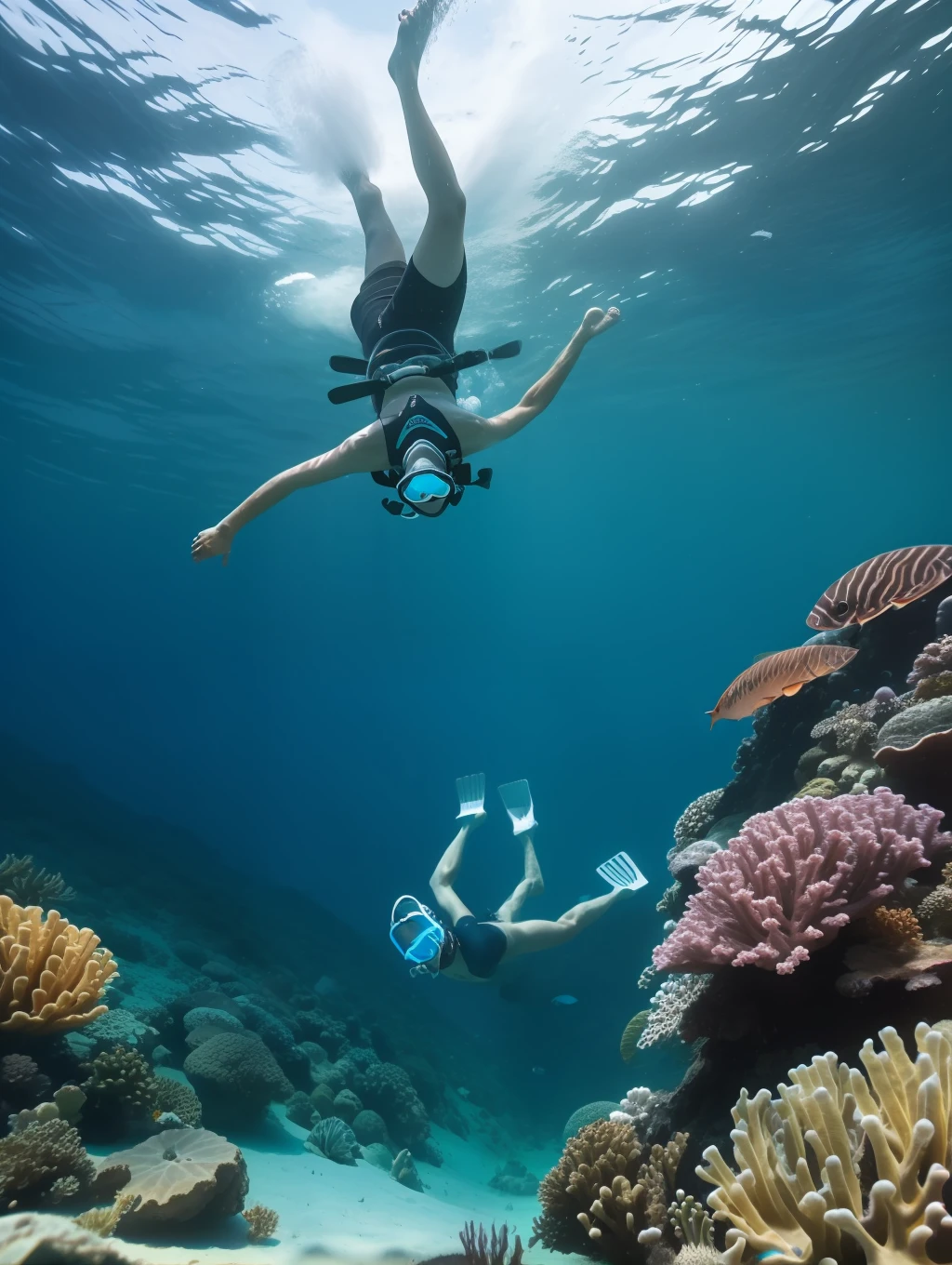 A full wide shot of a young indonesian man with snorkeling gears dives after chitala fishes in a pool. bright pastel colors, cinematic comedy 8k --ar 16:9 --v 5.2 --s 750