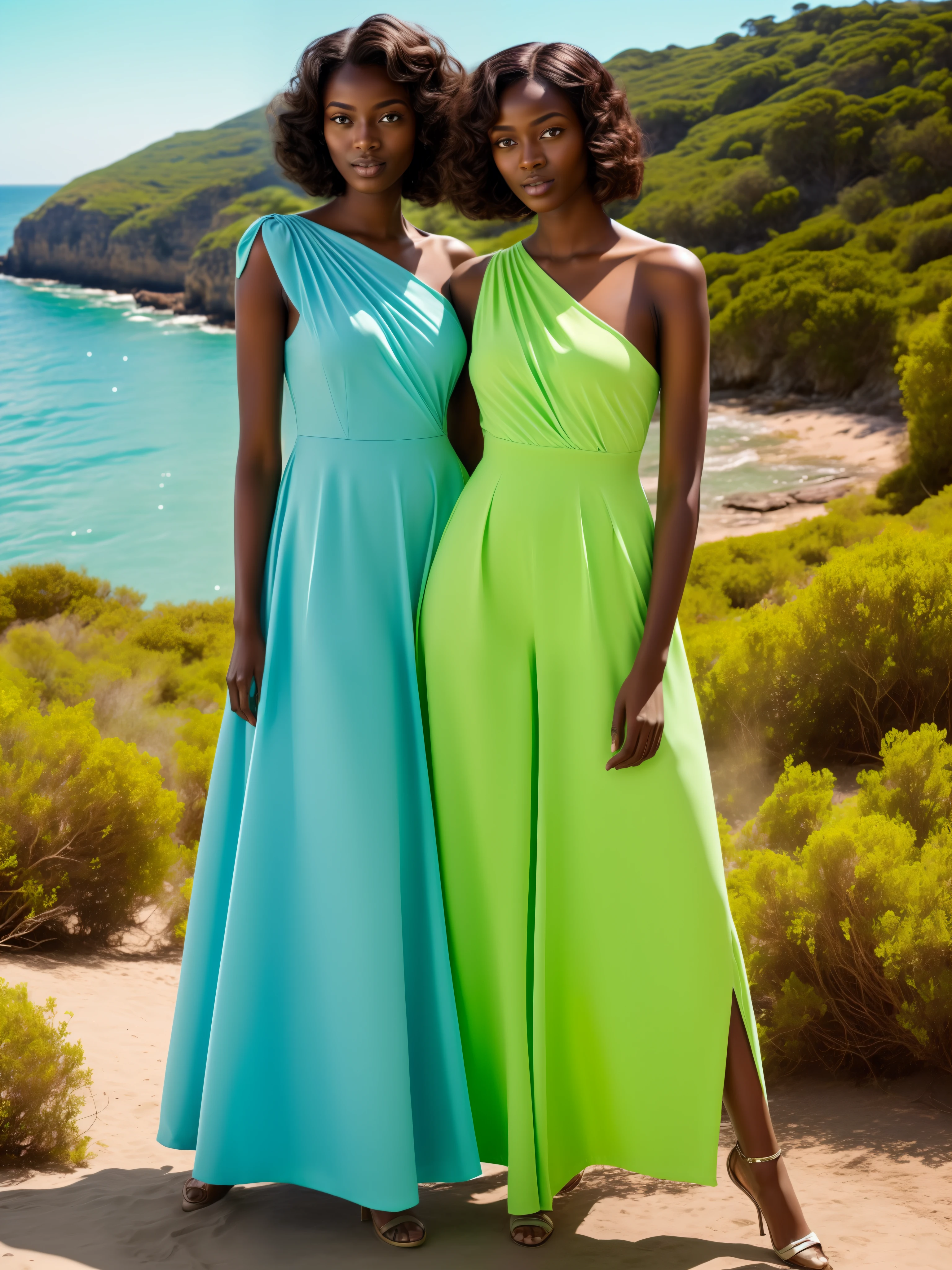 (((Ultra realistic photo A black African model posing harmonically next to a German model Perfect physiognomy Ultra detailed face Symmetrical eyes Nice expression)) usando conjunto (((minissaia))) ((Asymmetrical top single shoulder greens vibrant colors, Citrícas )) Retro style, ((pose criativa)) Standing on a cliff near the ocean, roupas verdes, Editora Oficial Valentino, imagem editorial, mar - roupas verdes e brancas, Foto da revista Vogue, roupas verdes, Directed by: Emma Andijewska, editing, Directed by: Silvia Pelissero, Bazar Harpers, Directed by: Olivia Peguero, Da revista Vogue, 💣 💥💣 💥, tons vibrantes, cores quentes, Retro style summer nostalgia