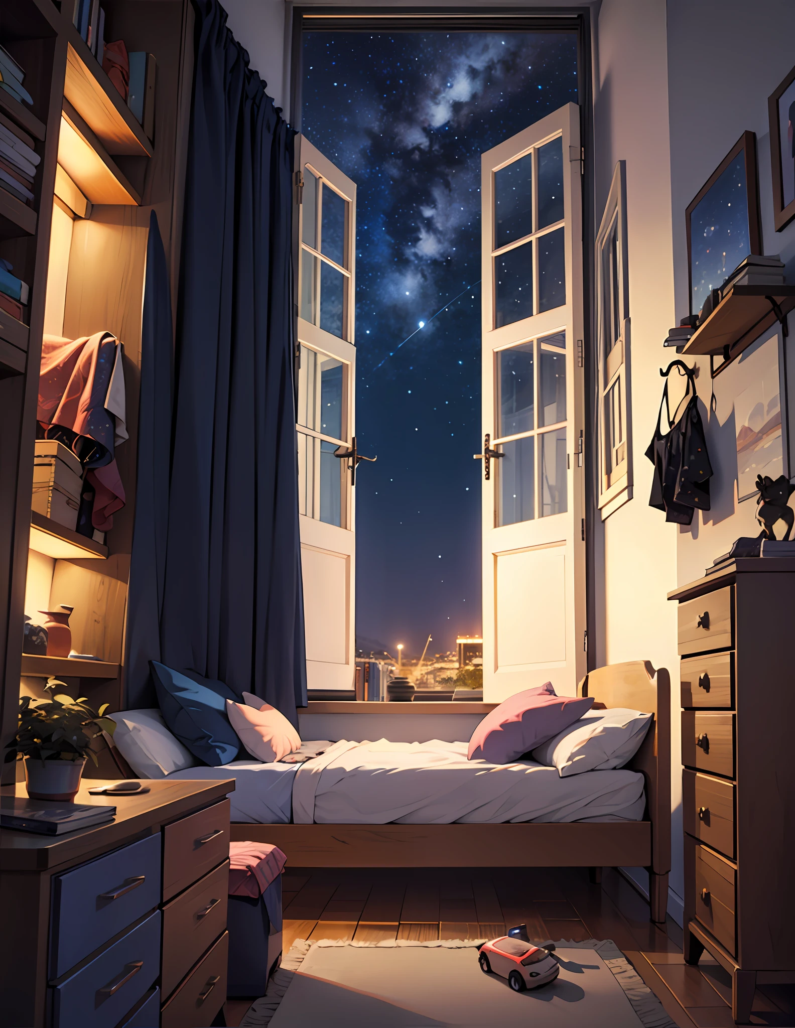 A children's bedroom window showing the night sky, starry and magical night, dark room --auto