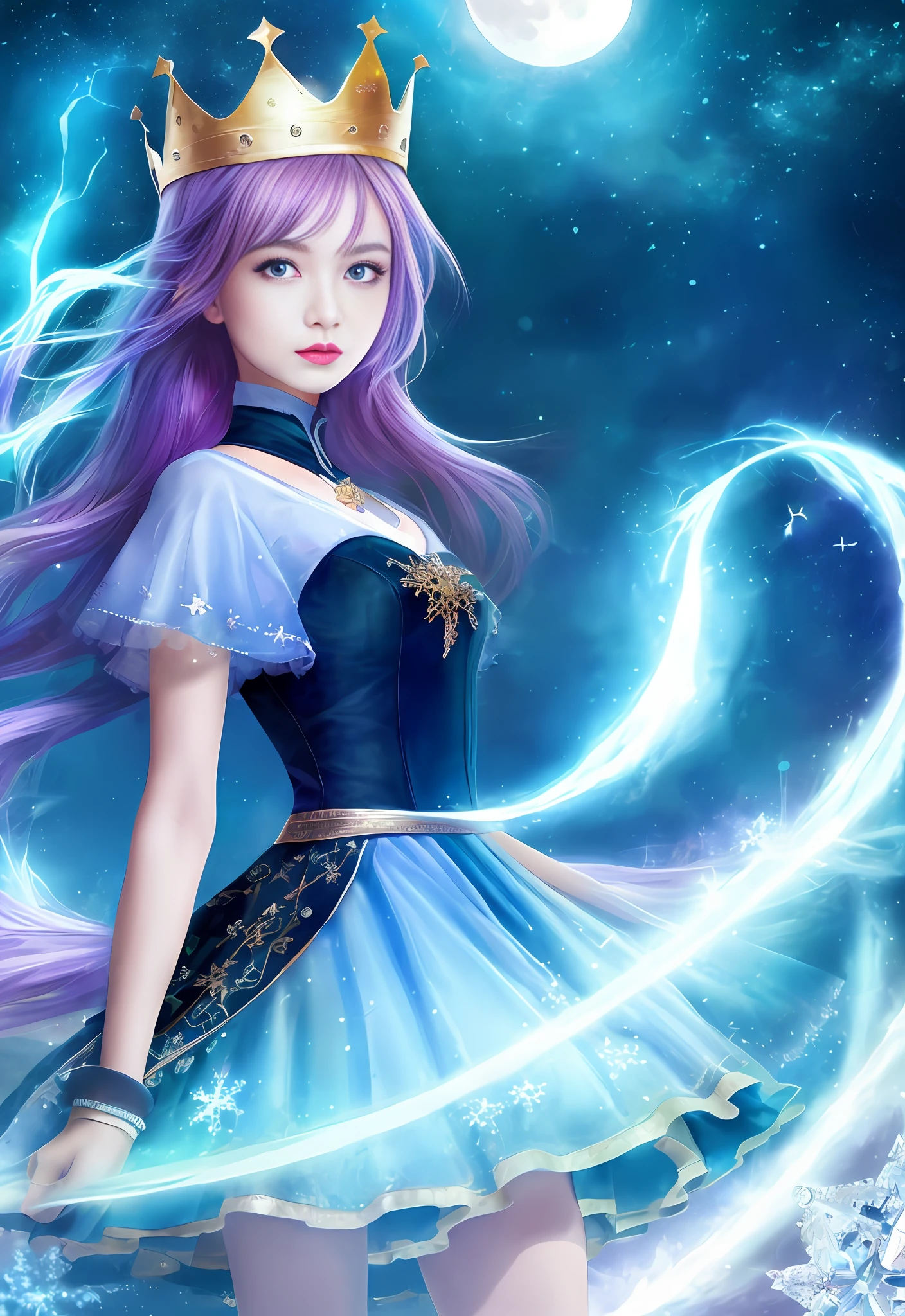 Night, (1 girl)), loneliness, masterpiece, 8k wallpaper, high resolution, absurdity, high quality background, short hair, black hair, multi-colored hair, beautiful frozen village, (full moon), blue dress, detail dress, jewelry dress, (magic: 1.2), blue flame, blue eyes, glowing eyes, fire, ice goddess, (blue delicate beautiful crown), electricity, blue electricity, blue light particles