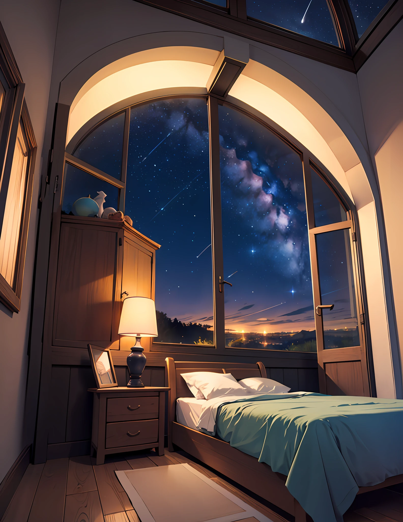 A children's bedroom window showing the night sky, starry and magical night, dark room --auto