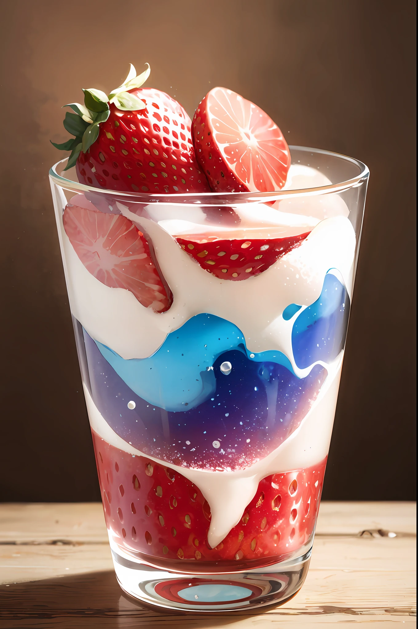 (Fantastic photos:1.3)(Realiy:1.3),(with dynamism:1.3)Product photography of strawberries falling into a glass of whiskey,spatter,复杂,epic,(Artist RHADS:1.3),非常详细,(Provia: 1.3)