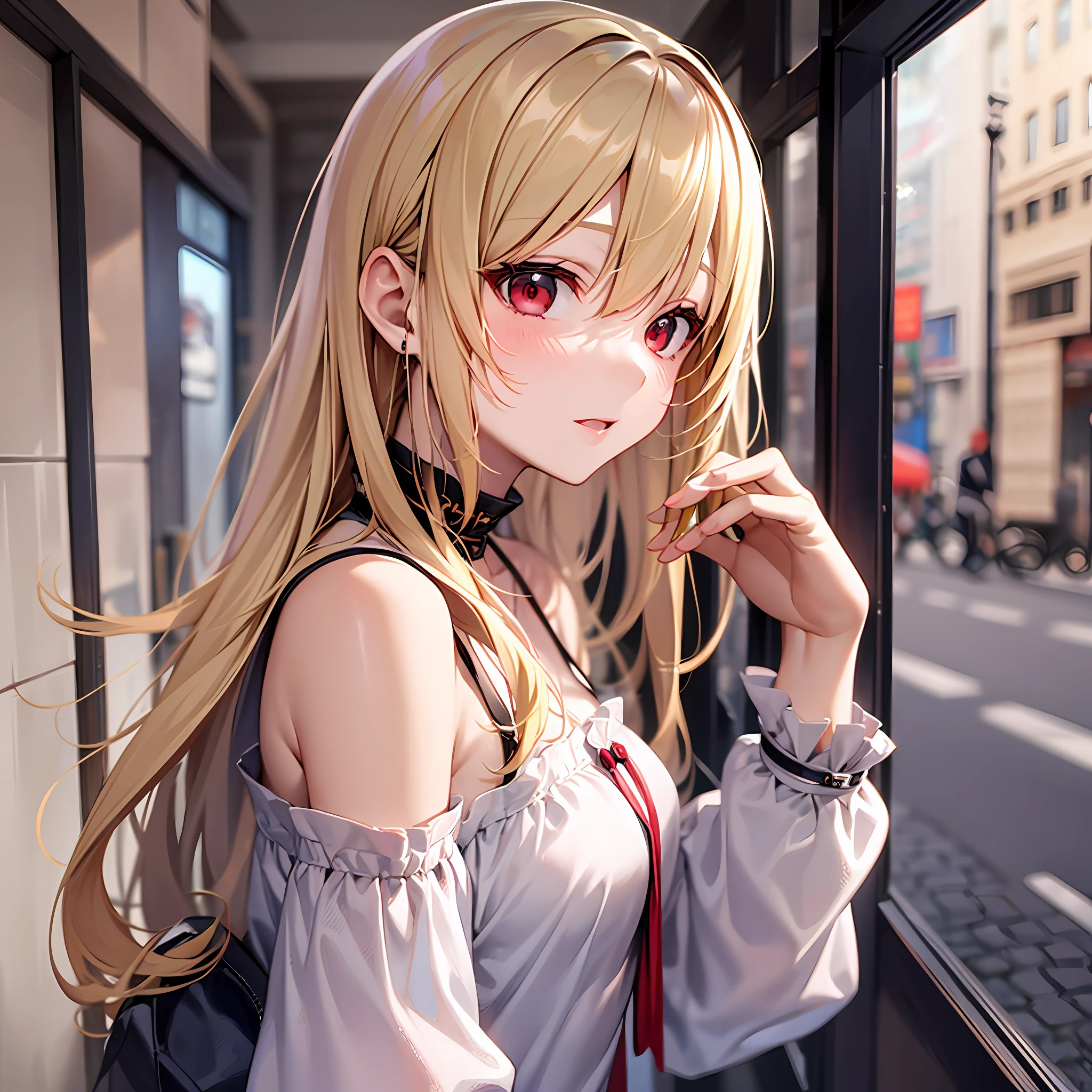 One blonde girl、red eyes、off shoulders、doress、