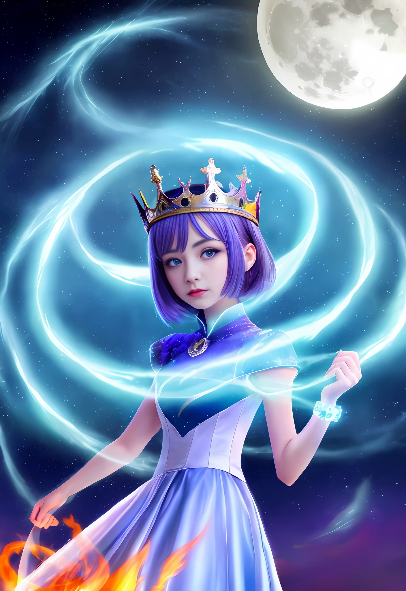 Night, (1 girl)), loneliness, masterpiece, 8k wallpaper, high resolution, absurdity, high quality background, short hair, black hair, multi-colored hair, beautiful frozen village, (full moon), blue dress, detail dress, jewelry dress, (magic: 1.2), blue flame, blue eyes, glowing eyes, fire, ice goddess, (blue delicate beautiful crown), electricity, blue electricity, blue light particles