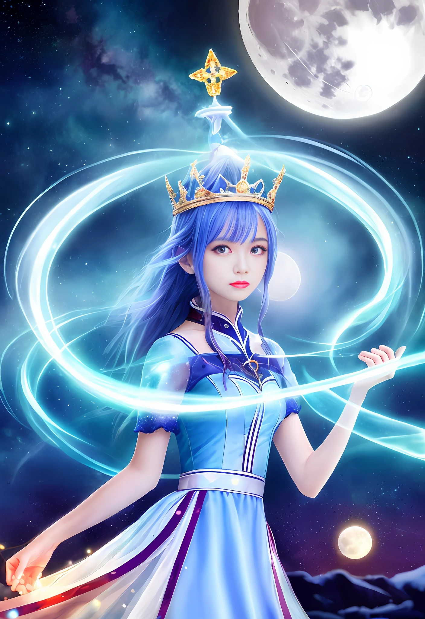 Night, (1 girl)), loneliness, masterpiece, 8k wallpaper, high resolution, absurdity, high quality background, short hair, black hair, multi-colored hair, beautiful frozen village, (full moon), blue dress, detail dress, jewelry dress, (magic: 1.2), blue flame, blue eyes, glowing eyes, fire, ice goddess, (blue delicate beautiful crown), electricity, blue electricity, blue light particles