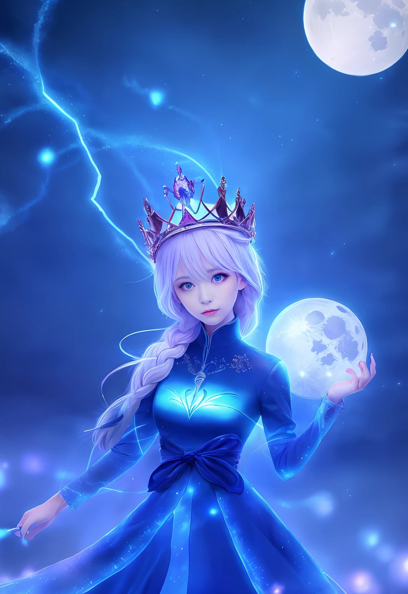 Night, (1 girl)), loneliness, masterpiece, 8k wallpaper, high resolution, absurdity, high quality background, short hair, black hair, multi-colored hair, beautiful frozen village, (full moon), blue dress, detail dress, jewelry dress, (magic: 1.2), blue flame, blue eyes, glowing eyes, fire, ice goddess, (blue delicate beautiful crown), electricity, blue electricity, blue light particles
