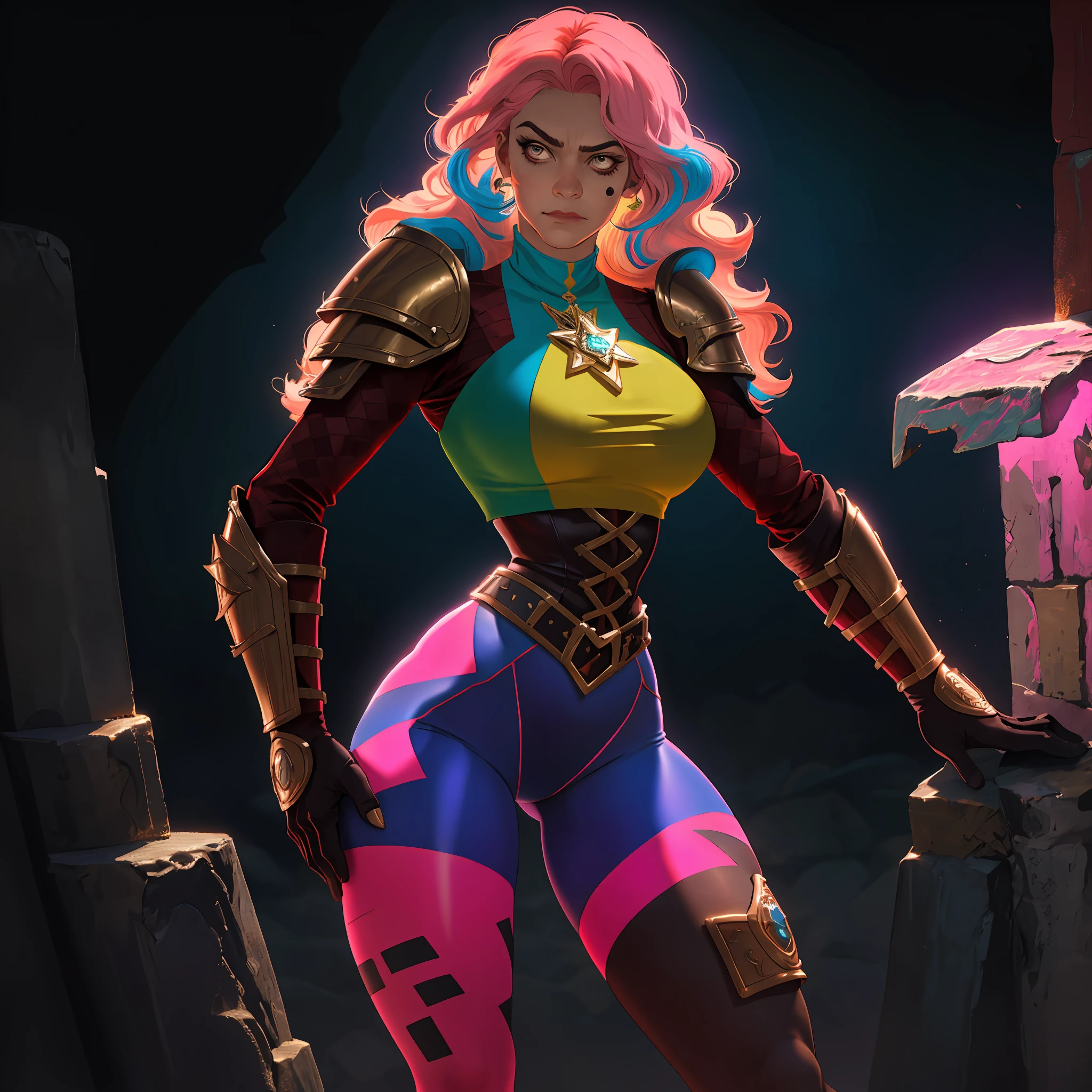 8k, high definition, masterpiece, huge resolution, (gritty fantasy style:1.2), (harlequin:1.2), pastel pink hair styled in loose waves, multicolored tights, narrow waist, wide hips, (mood lighting), (brown leather armor:0.8), (morningstar:1.2), (1girl:1.2), (solo:1.2)