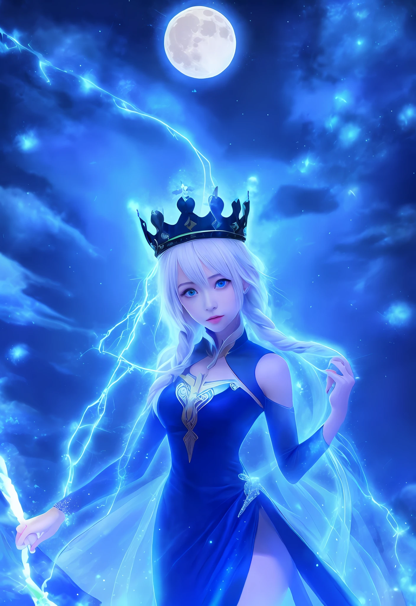 Night, (1 girl)), loneliness, masterpiece, 8k wallpaper, high resolution, absurdity, high quality background, short hair, black hair, multi-colored hair, beautiful frozen village, (full moon), blue dress, detail dress, jewelry dress, (magic: 1.2), blue flame, blue eyes, glowing eyes, fire, ice goddess, (blue delicate beautiful crown), electricity, blue electricity, blue light particles