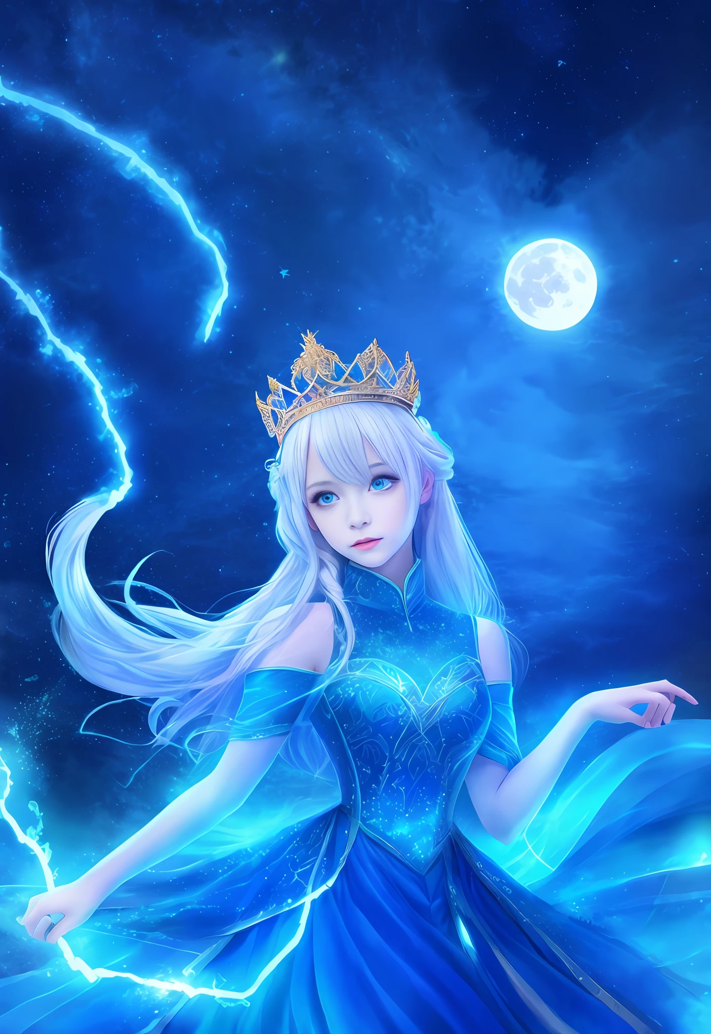 Night, (1 girl)), loneliness, masterpiece, 8k wallpaper, high resolution, absurdity, high quality background, short hair, black hair, multi-colored hair, beautiful frozen village, (full moon), blue dress, detail dress, jewelry dress, (magic: 1.2), blue flame, blue eyes, glowing eyes, fire, ice goddess, (blue delicate beautiful crown), electricity, blue electricity, blue light particles