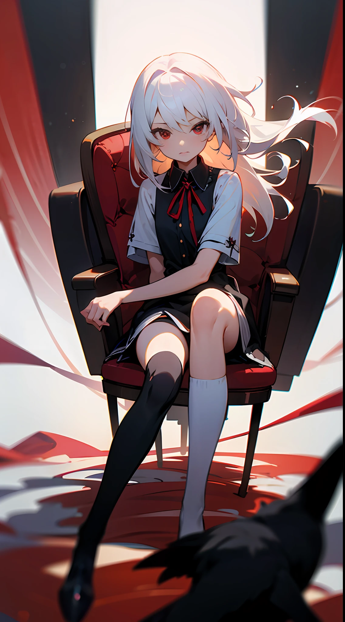 (tmasterpiece,best qualtiy),Anime style,A long girl with black and white hair and red eyes leaned on a white chair,Loose dress,There is a wind that gently ruffles the hair,warmly lit,Very astringent,Be red in the face,Blurred foreground,,There was a little crow standing in a chair,Close-up,There are dull hairs,black over-the-knee socks --auto