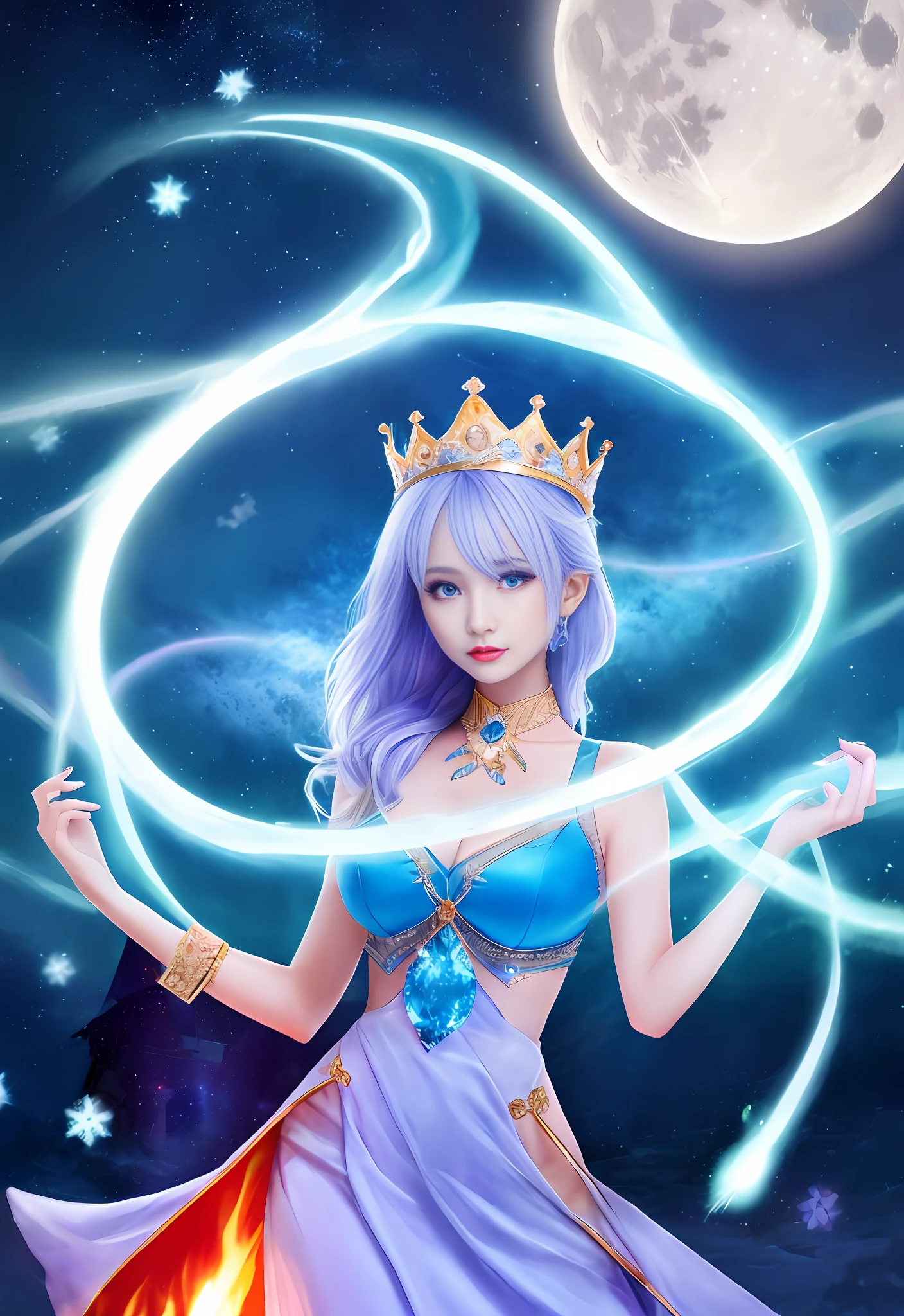 the night,((1个Giant Breast Girl)),Solitude,tmasterpiece,8k wallpaper,A high resolution,hoang lap,High quality background,bob-cut hair,hair of Multi-colors,Beautiful frozen village,(moon full),a blue dress,Detailed dress,Jewelry skirts,(magia:1.2),blue flame,blue color eyes,glowing light eyes,firey,Ice Goddess,(Blue delicate and beautiful crown),eletric,Blue electricity,Blue light particles