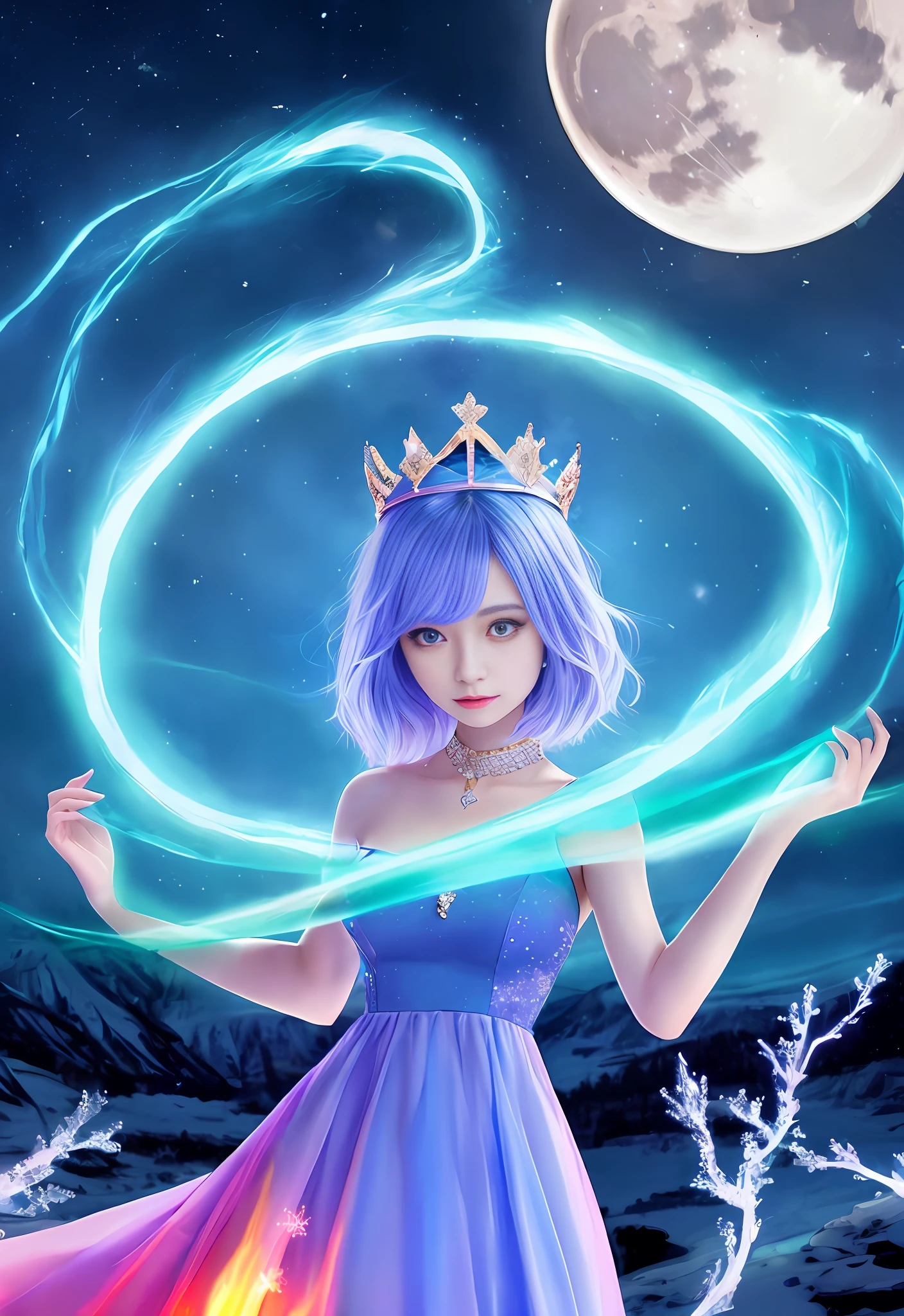 the night,((1个Giant Breast Girl)),Solitude,tmasterpiece,8k wallpaper,A high resolution,hoang lap,High quality background,bob-cut hair,hair of Multi-colors,Beautiful frozen village,(moon full),a blue dress,Detailed dress,Jewelry skirts,(magia:1.2),blue flame,blue color eyes,glowing light eyes,firey,Ice Goddess,(Blue delicate and beautiful crown),eletric,Blue electricity,Blue light particles