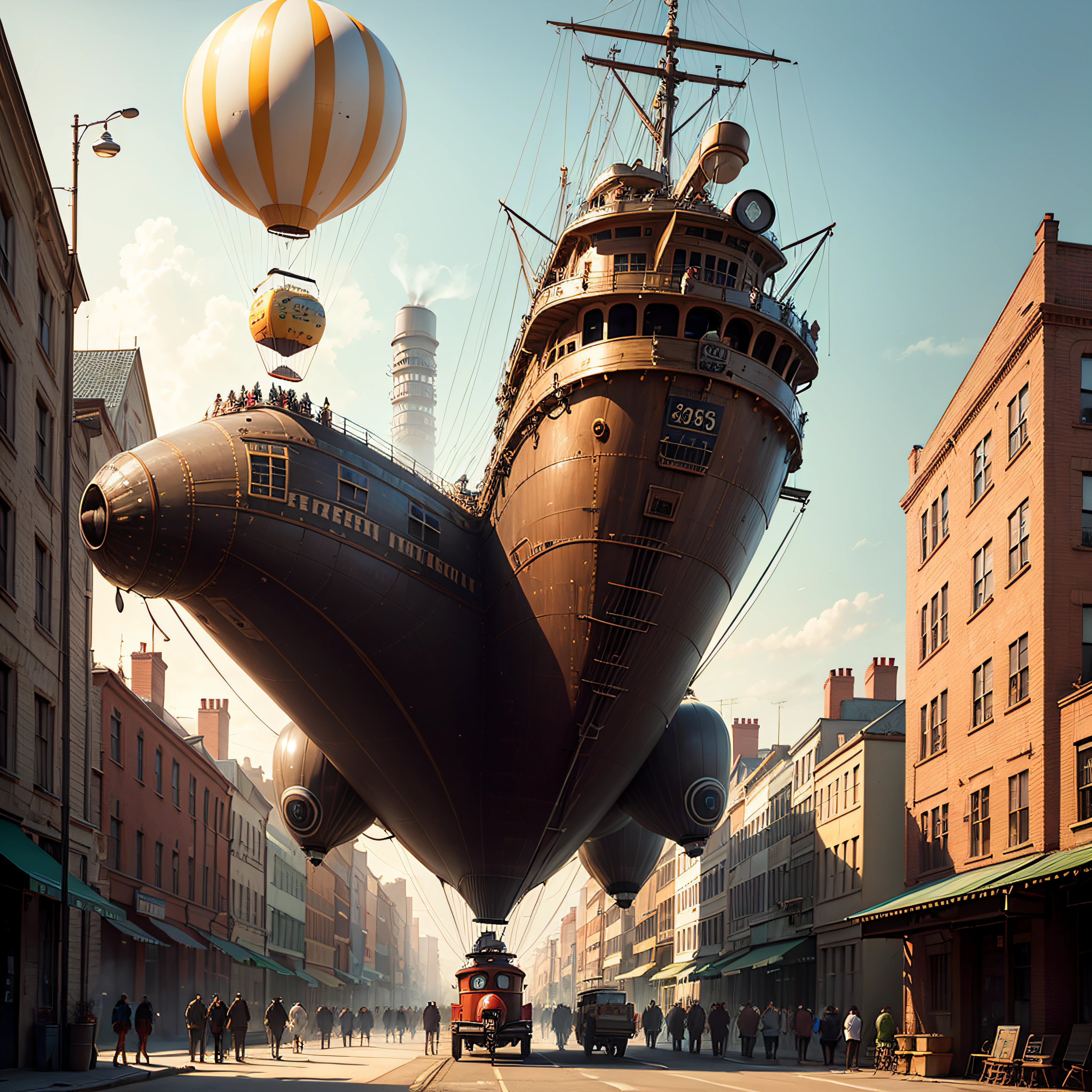 CogPunkAI dirigible, 19th century city buildings, steam punk ship balloon --auto