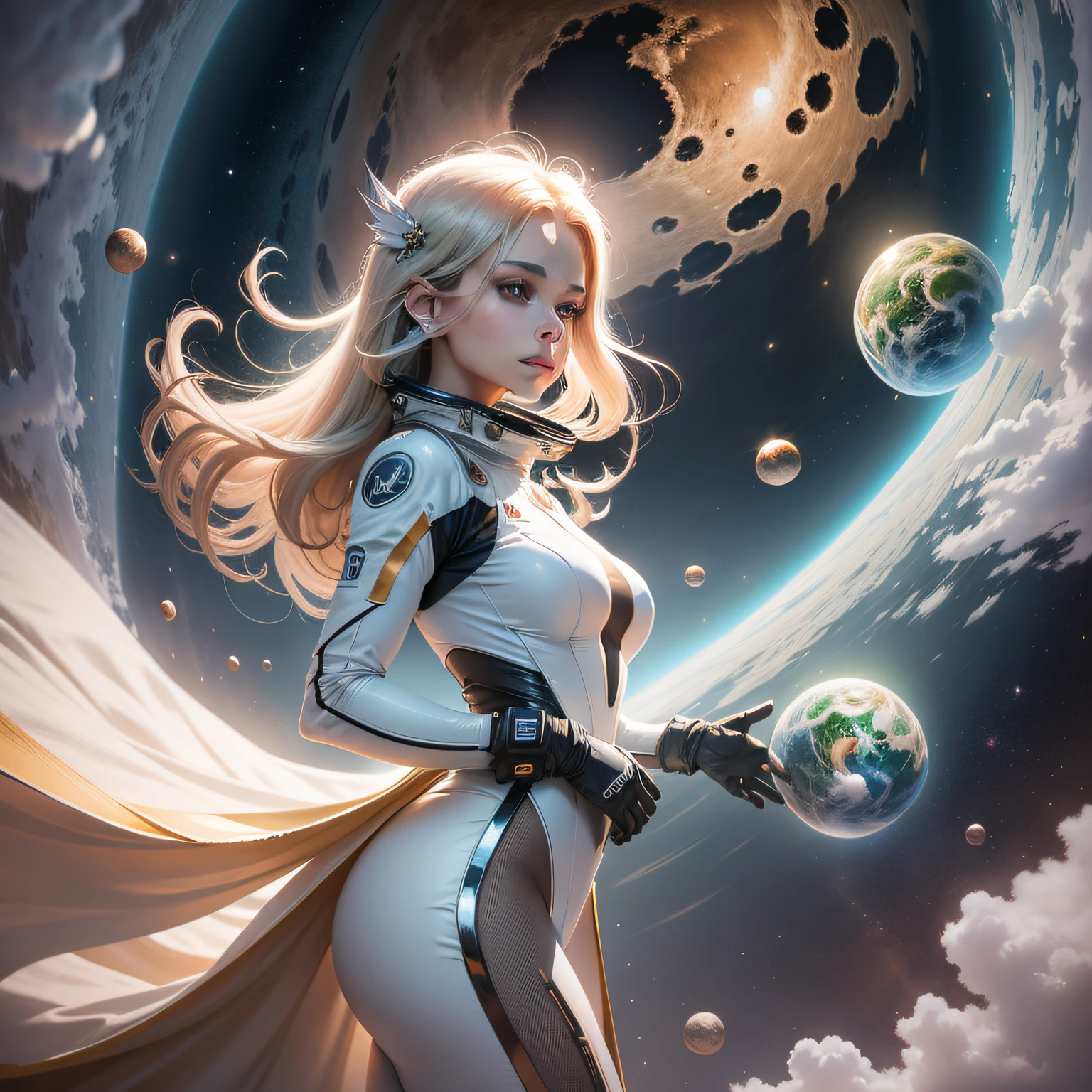 An image depicting an elegant woman from space in a sleek and sophisticated futuristic spacesuit floating gracefully in Earth's orbit. O pano de fundo apresenta a beleza majestosa do nosso planeta, increasing the allure of his presence.