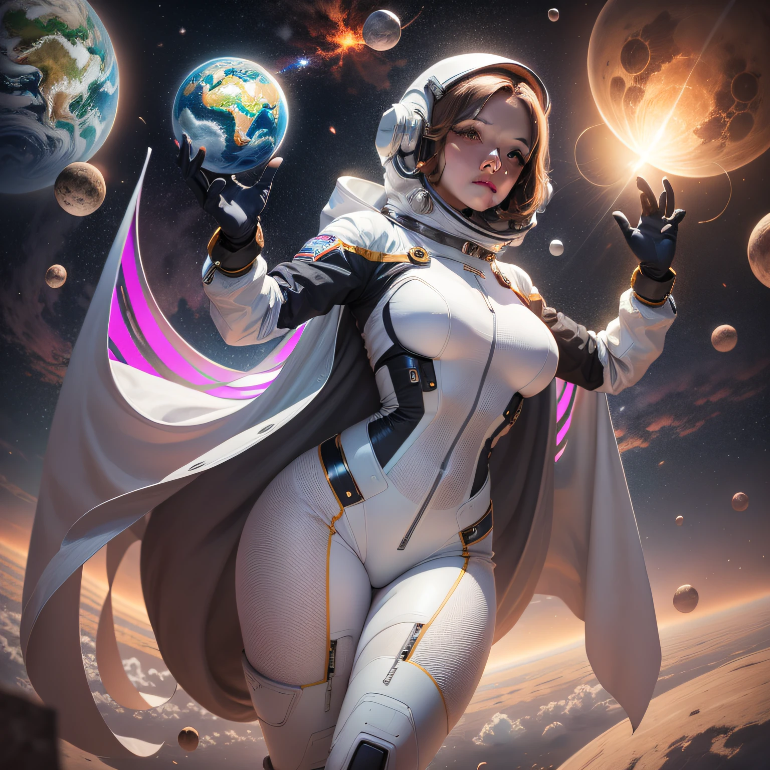 An image depicting an elegant woman from space in a sleek and sophisticated futuristic spacesuit floating gracefully in Earth's orbit. O pano de fundo apresenta a beleza majestosa do nosso planeta, increasing the allure of his presence.