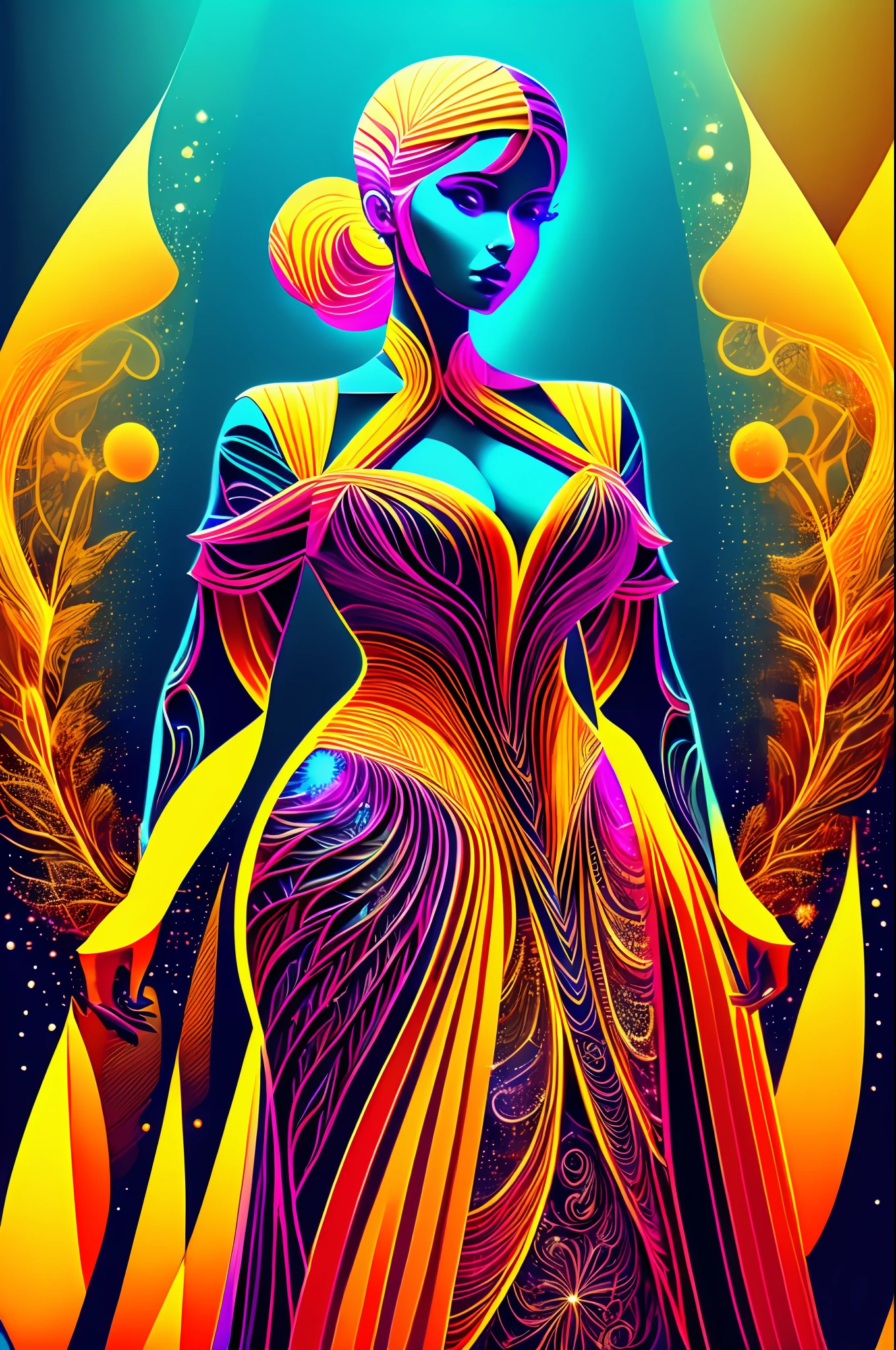 multi dimensional quilling paper,A woman in a gorgeous long dress,neonlight, 3 d neon art of a womens body, Hyper-realistic classical style, futuristic art style, Beautiful noble woman model, Cyb style , Hyperrealistic, cyborg fashion model, cyberpunk art ultrarealistic 8k, Beautiful digital artwork, Cyberpunk art style, cyborg fashion shot, cyberpunk vibrant colors, gorgeous digital art, stunning digital art