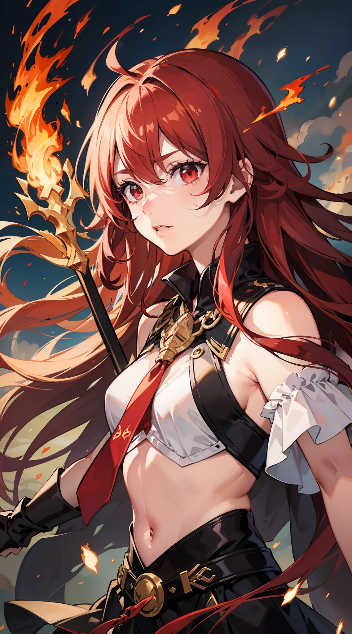 Red long-haired，Hair gushes outward like flames，Red eyes，holds a spear，Fly in the air