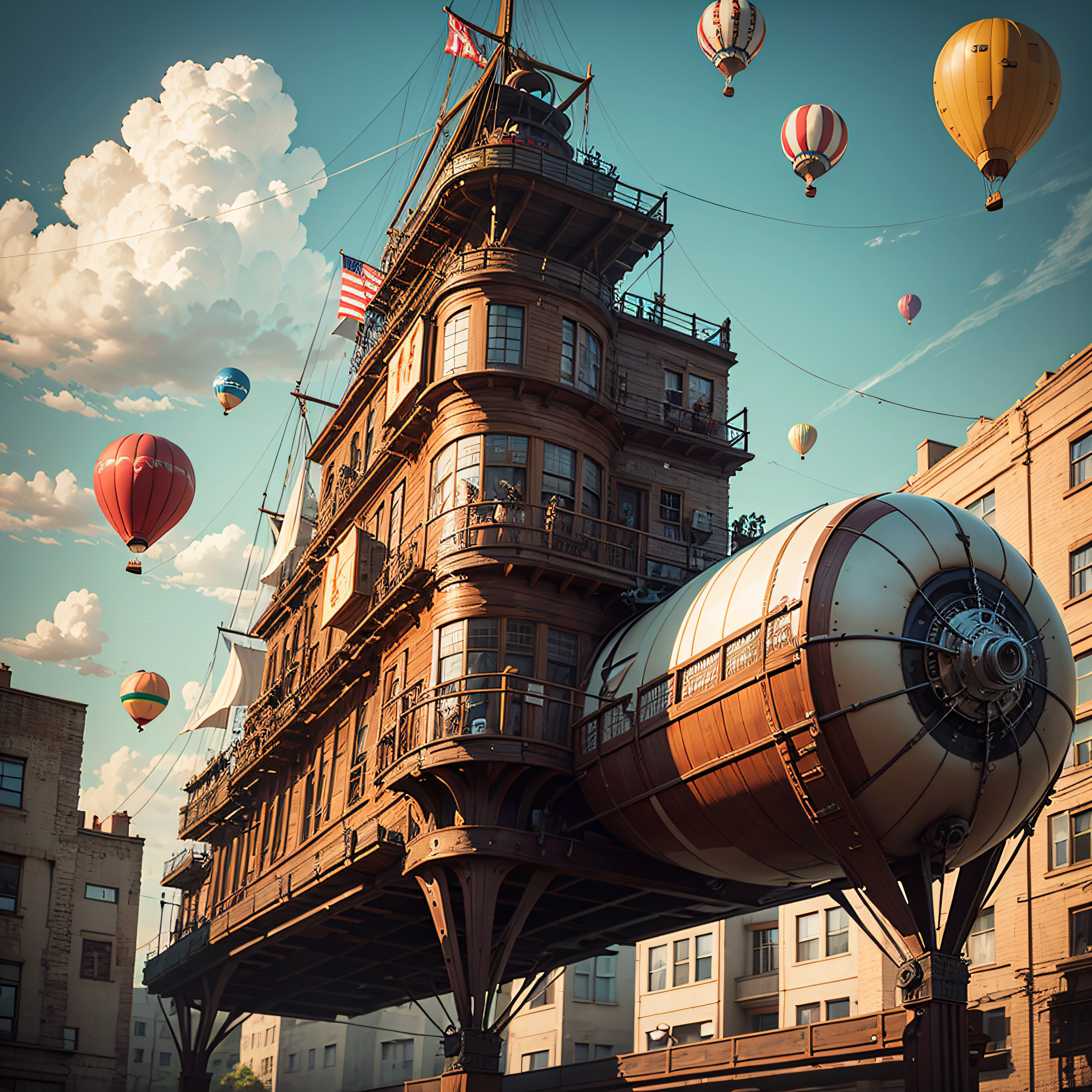 CogPunkAI dirigible, 19th century city buildings, steam punk ship balloon --auto