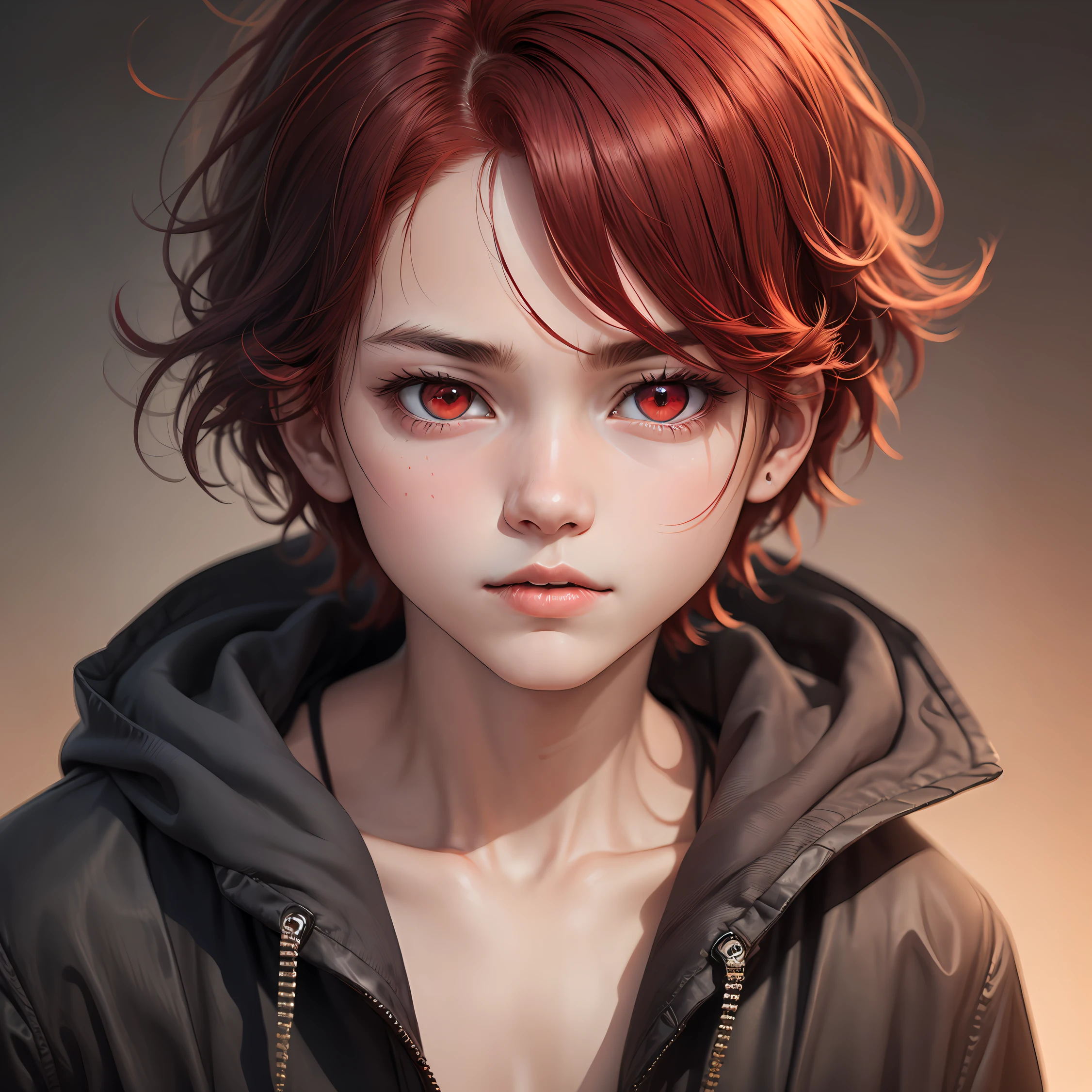 Boy with red eyes full of madness and red hair with a line of black hair --auto
