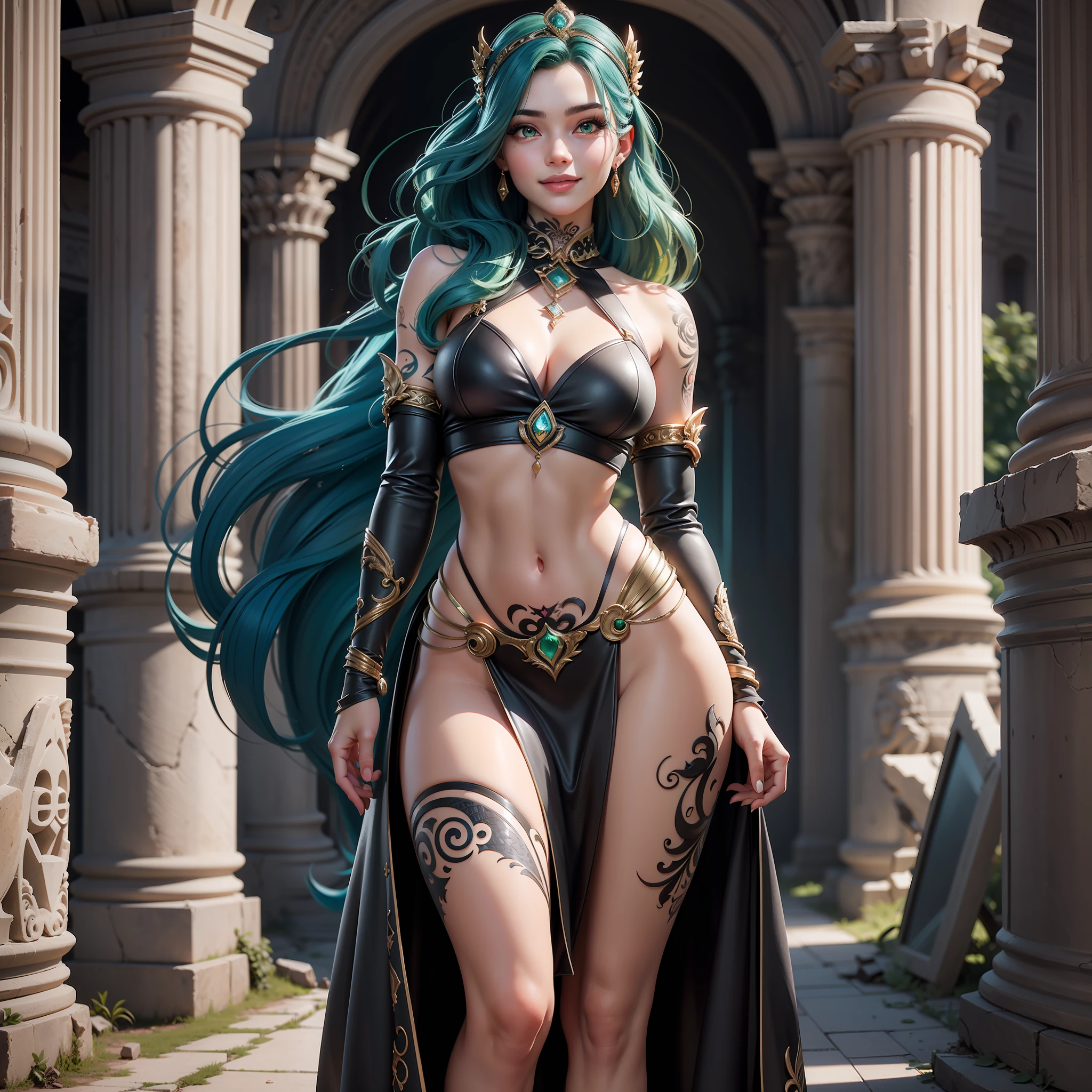 1girl, Best quality, masterpiece, realistic, photography of a girl with black clothes and green details, detailed facial features, blue glowing hair, glossy digital painting, full body, goddess of love, with black skirt, textured skin, long hair, vibrant colors, delicate face, sensual pose, light smile, full body, tattooed body, coliseum ruins on background .
