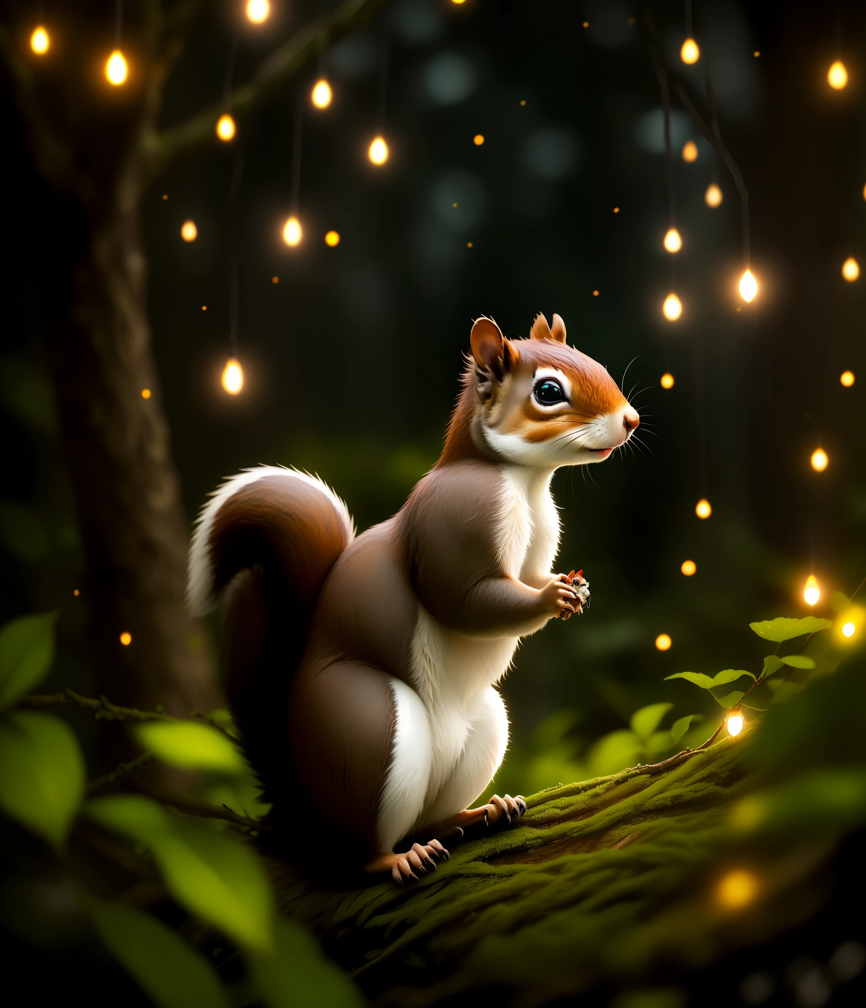 there is a squirrel that is sitting on a tree branch, glowing lights! digital painting, cute forest creature, digital art animal photo, bokeh top cinematic lighting, the squirrel king, magical lights, artistic render, bokeh volumetric lighting, portrait shot, squirrel, by Marten Post, nature lighting, magical forest backround, magical forest background
