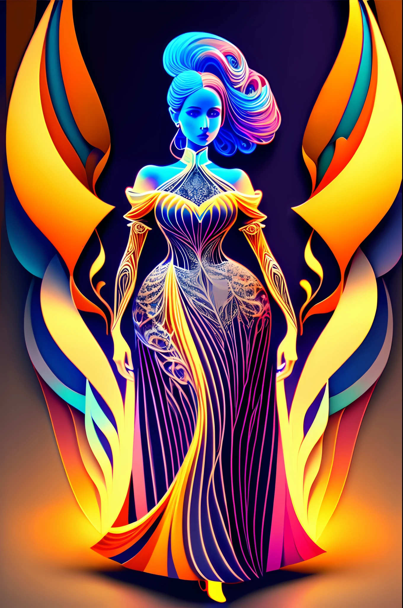 multi dimensional quilling paper,A woman in a gorgeous long dress，neonlight, 3 d neon art of a womens body, Hyper-realistic classical style, futuristic art style, Beautiful noble woman model, Gothic style ， Hyperrealistic, Renaissance fashion model, Baroque art surreal 8K, Beautiful digital artwork, Masterpiece art style, Stylish lenses, vivd colour, gorgeous digital art, stunning digital art