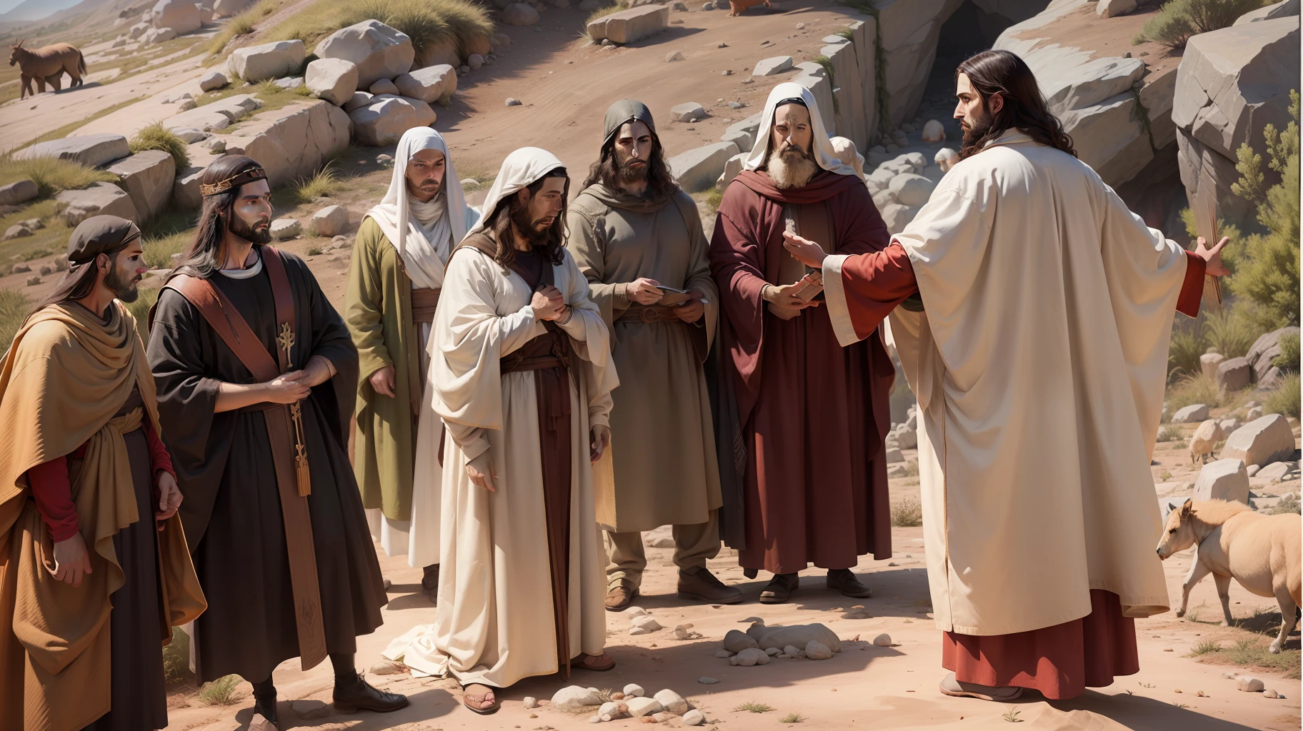 Jesus in the midst of the disciples, bible illustration, epic biblical representation, imagem super realista, cinematic lighthing, beautiful depiction, Realistic, 4k, HDR