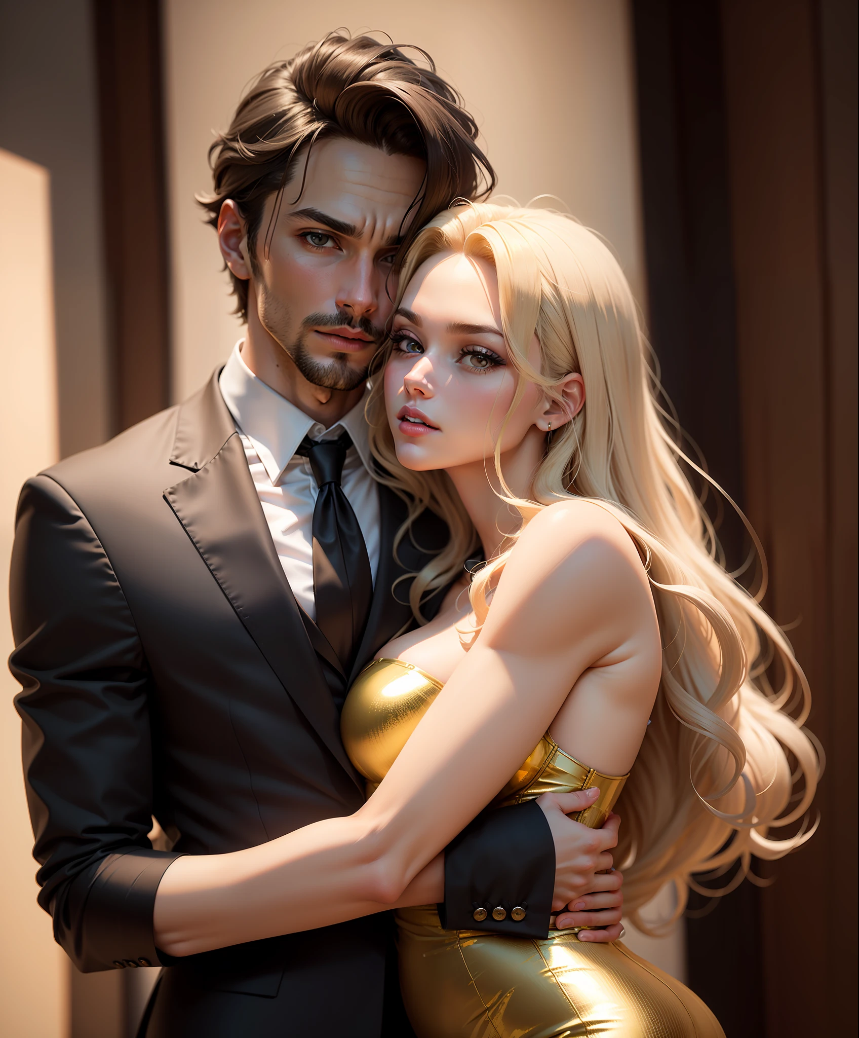 Sexy Brazilian white athletic man with brown eyes wearing black suit kissing a woman with long blonde hair wearing gold dress. Fundo sala de estar. realista, ............3d, 4k, melhor imagem.