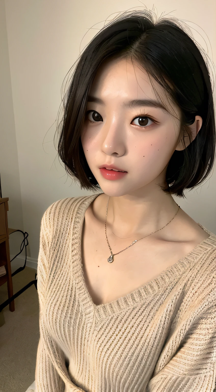 (Best quality, 8k, 32k, masterpiece, UHD: 1.2), photo beautiful japanese woman, room, very short Bob hair, upper body, facial focus, oversized_sweater, necklace, simple background, from above, looking at the viewer,