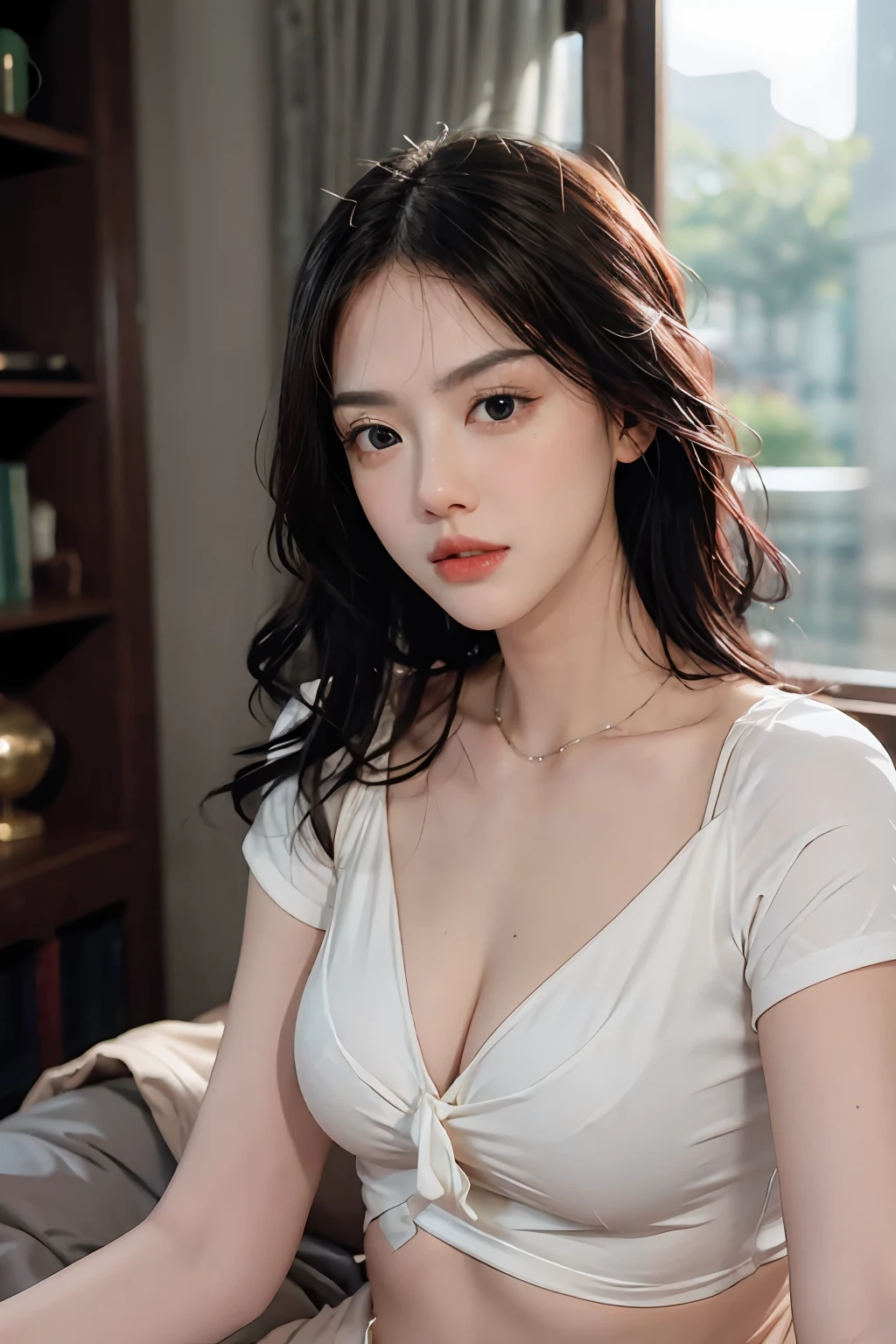 1 Girl, black stockings, white shirt, delicate, feminine, elegance, sensuality, youthfulness, beauty, sophistication, aesthetic, classic, simplicity, purity, contrast, allure, charm, gracefulness, refinement, poise, innocence, romanticism, subtlety, subtleness, details, texture, composition, realism, naturalness, light, shadow, harmony, aesthetics.
