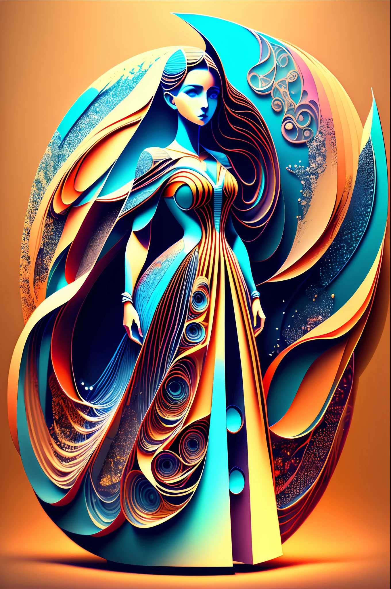 multi dimensional quilling paper,A woman in a gorgeous long dress，neonlight, 3 d neon art of a womens body, Hyper-realistic classical style, futuristic art style, Beautiful noble woman model, Gothic style ， Hyperrealistic, Renaissance fashion model, Baroque art surreal 8K, Beautiful digital artwork, Masterpiece art style, Stylish lenses, vivd colour, gorgeous digital art, stunning digital art