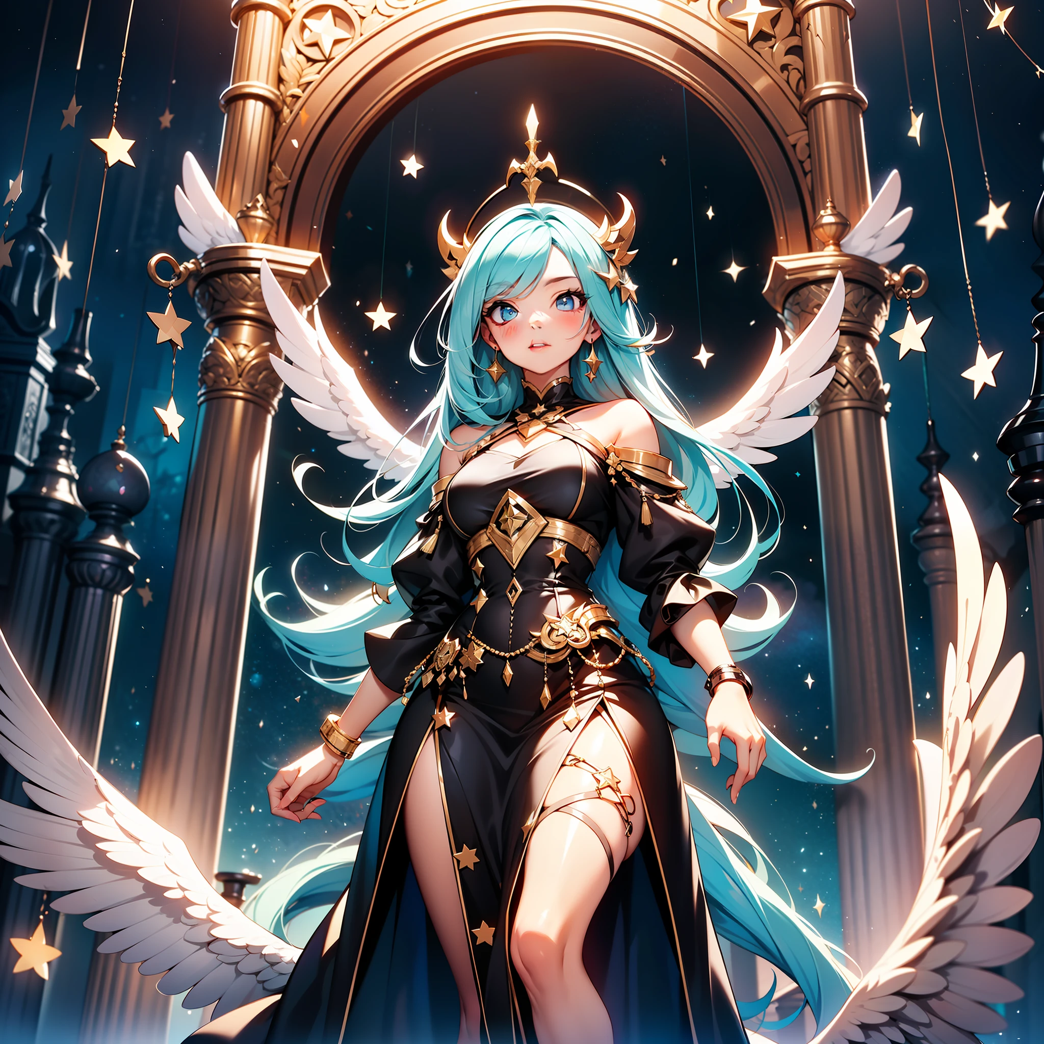 "(Angelic, Bright Star Prism), PowderBlue ambiance, Lumen global illumination, cinematic lighting, portrait, (full body pose AND angelic pose:1.3), ancient gothic setting, night time with dark clouds and magic black stars, 1 girl"