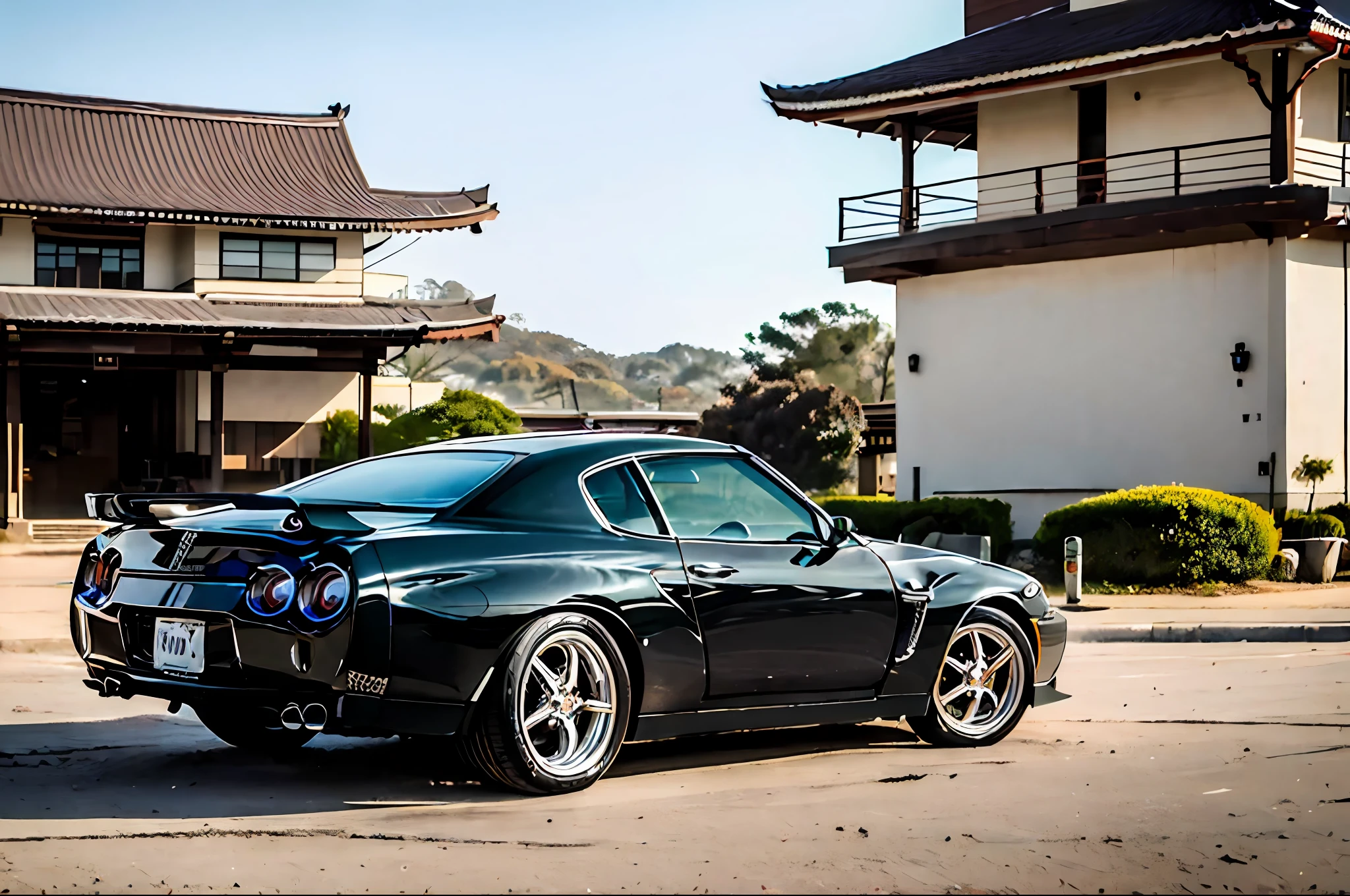 ((GTR corpo preto BRILHANTE)), parked in front of a Japanese pagoda, clima de outono, ultra grande angular, obra-prima, premiado, sun sunset, folhagem de outono lindamente detalhada, cinematic lighthing, estilo-outono: 1.0, foco nítido, detalhes suaves e intrincados, papel de parede 16k, trending in the artstation