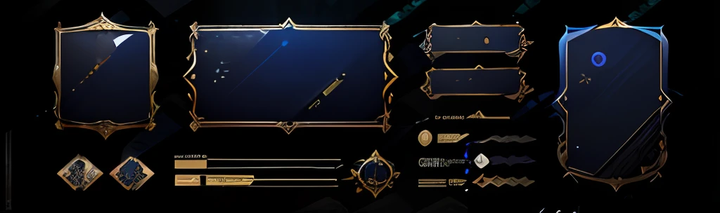 a set of blue and gold frames and banners with a black background, ornate borders + concept art, decorative golden elements, art deco borders, game overlay, game asset sheet, game ui asset design, game design asset pack, golden elements at borders, ornate border frame, gold elements, game asset occult, 2 d game assets, ornate gold border, game assets