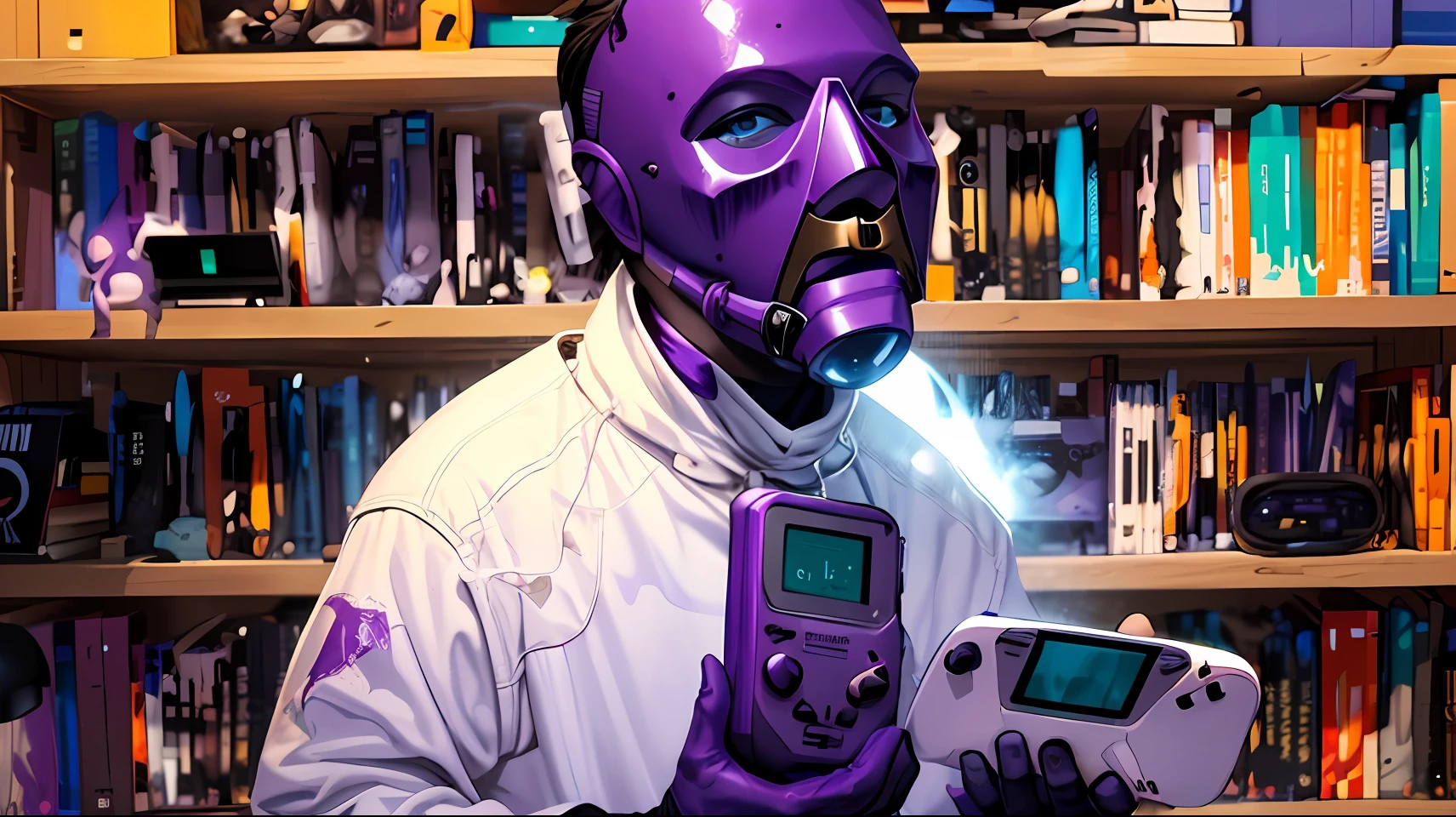 (A man holding two Gameboy and Gamegear consoles in his hands and in the background a library of video games )  regarder un objet brillant inconnu avec des motifs de gravure, the object is black with grooves and engravings that reveal a white and shiny content, the object that he segura is a spherical artifact, Capuche blanche, gasmask, gas mask orange lights, Yeux en forme de X, Yeux en forme de X orange brillant, Gants noirs, Capuche blanche, bloodstained clothes, white clothes with blood, Manteau blanc, Gilet blanc, Toile de fond violette, fond violet, murs violets, cartoon style