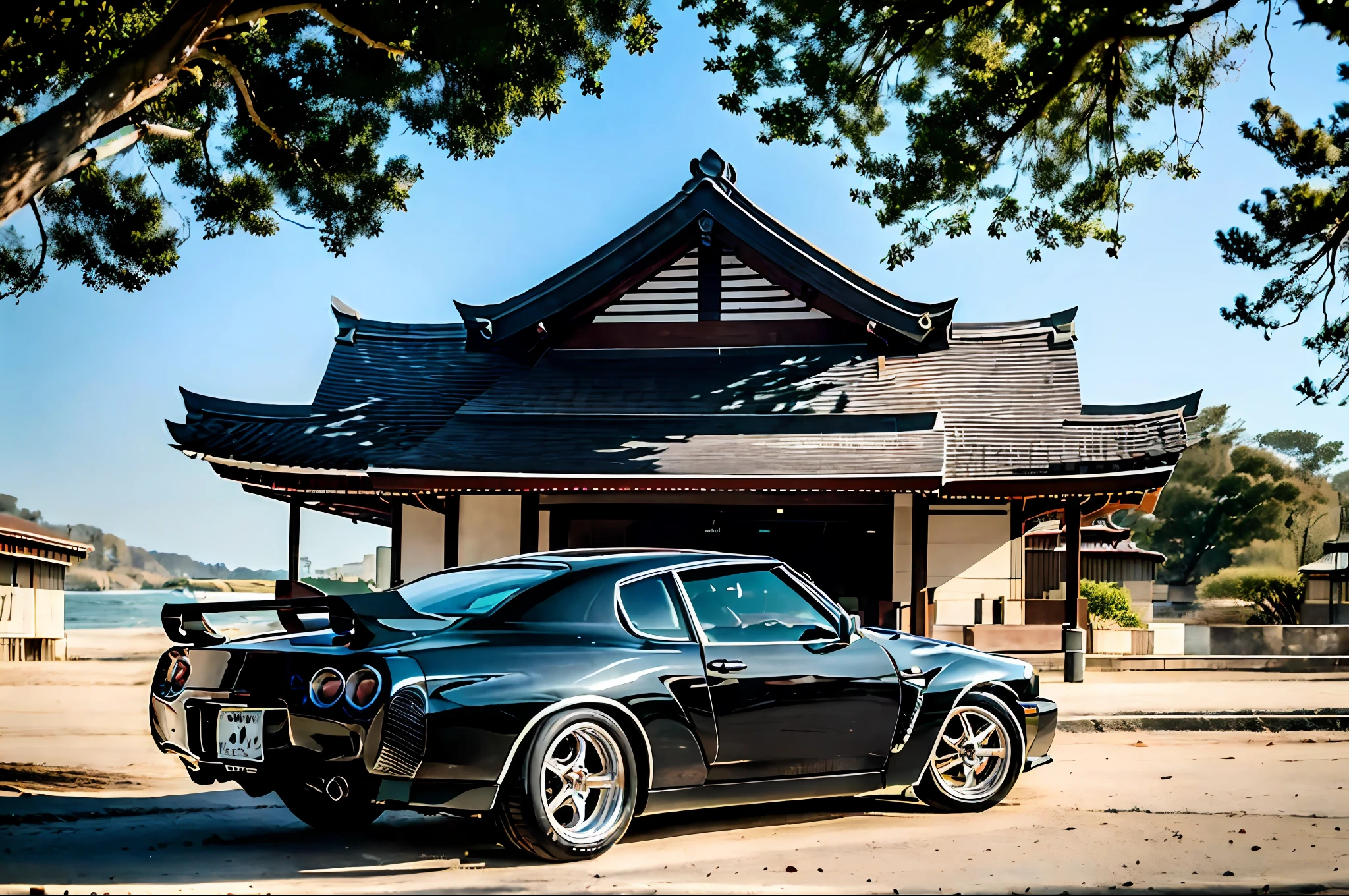 ((GTR corpo preto BRILHANTE)), parked in front of a Japanese pagoda, clima de outono, ultra grande angular, obra-prima, premiado, sun sunset, folhagem de outono lindamente detalhada, cinematic lighthing, estilo-outono: 1.0, foco nítido, detalhes suaves e intrincados, papel de parede 16k, trending in the artstation