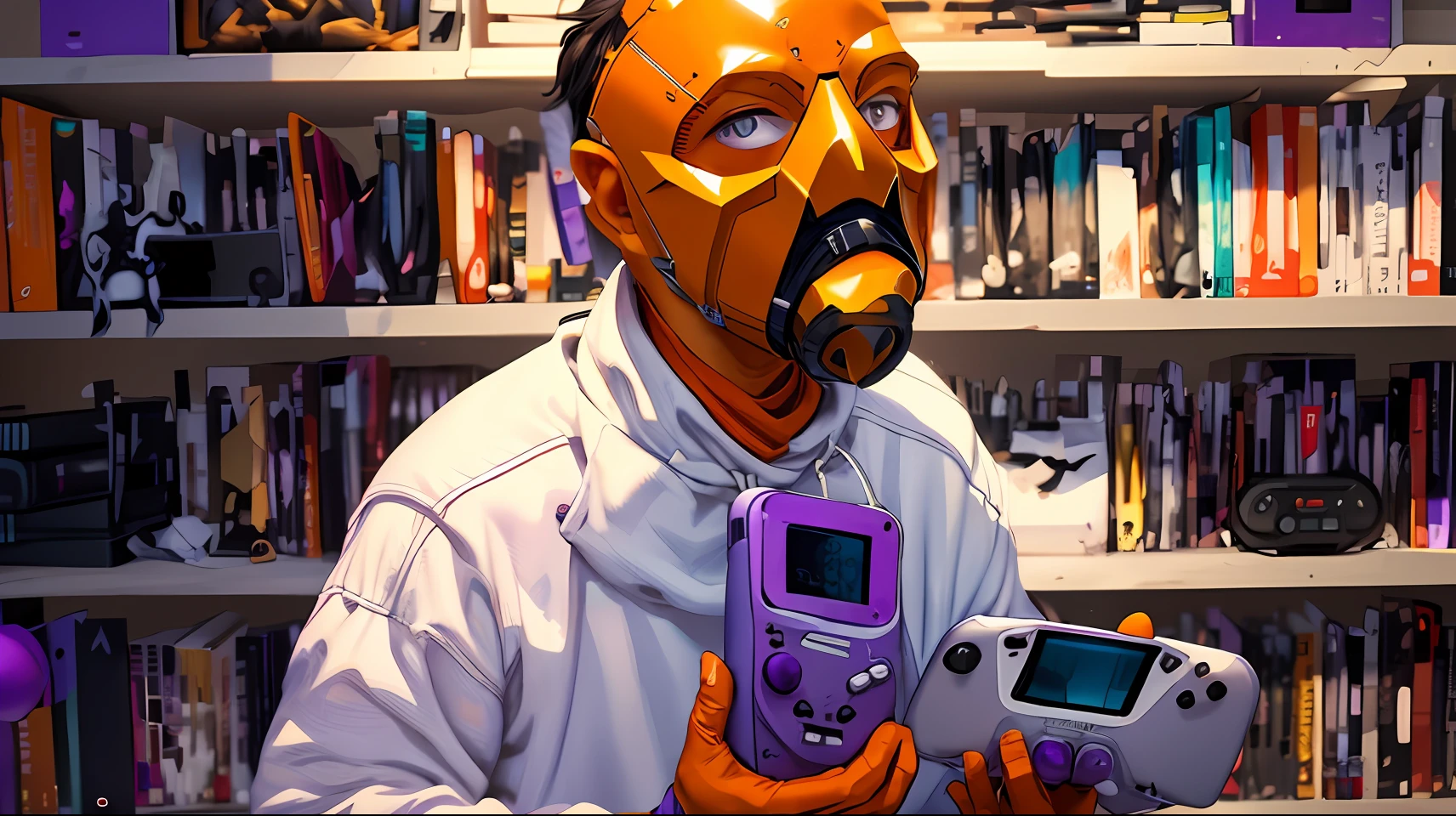 (A man holding two Gameboy and Gamegear consoles in his hands and in the background a library of video games )  regarder un objet brillant inconnu avec des motifs de gravure, the object is black with grooves and engravings that reveal a white and shiny content, the object that he segura is a spherical artifact, Capuche blanche, gasmask, gas mask orange lights, Yeux en forme de X, Yeux en forme de X orange brillant, Gants noirs, Capuche blanche, bloodstained clothes, white clothes with blood, Manteau blanc, Gilet blanc, Toile de fond violette, fond violet, murs violets, cartoon style