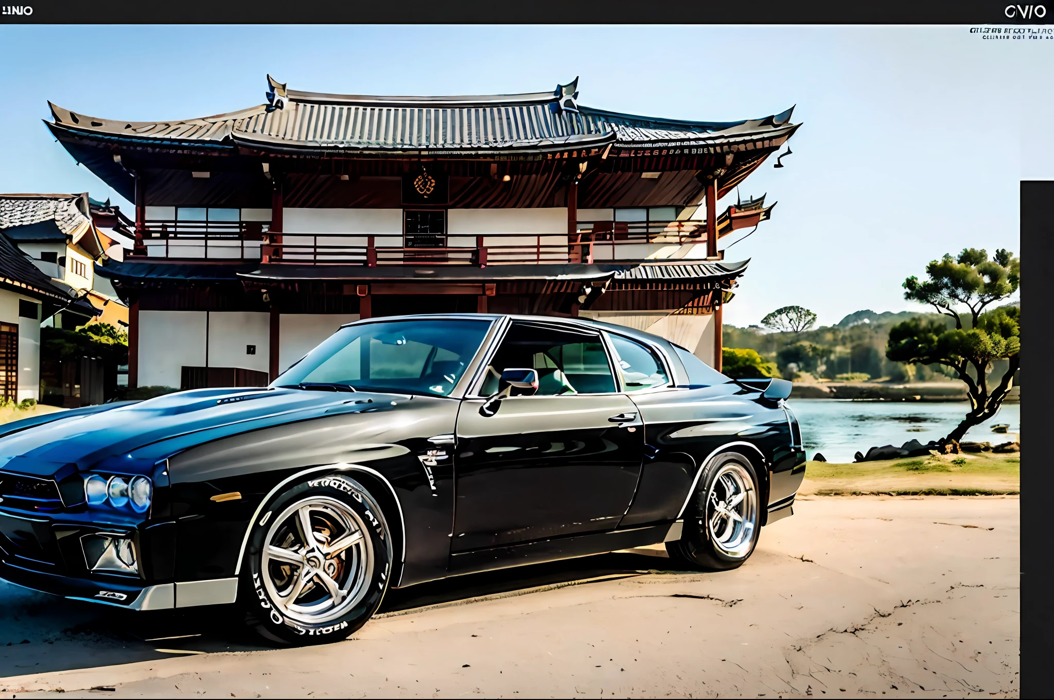 ((GTR corpo preto BRILHANTE)), parked in front of a Japanese pagoda, clima de outono, ultra grande angular, obra-prima, premiado, sun sunset, folhagem de outono lindamente detalhada, cinematic lighthing, estilo-outono: 1.0, foco nítido, detalhes suaves e intrincados, papel de parede 16k, trending in the artstation