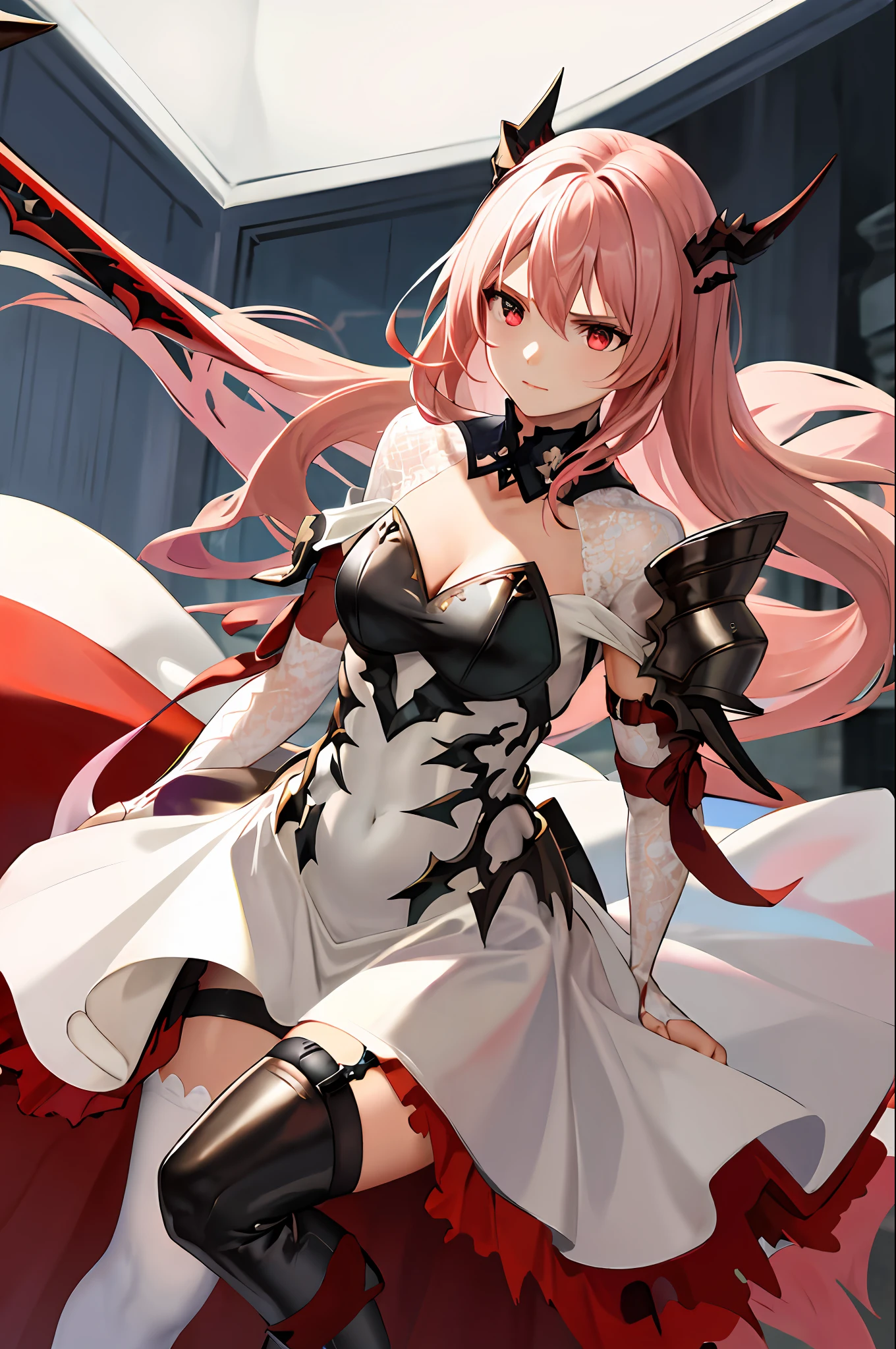 masterpiece, best quality, highres, 1girl, horns,(theresahead), (red eyes), (Sulking), white dress solo, shoulder armor, dress, very long hair, thigh strap, white dress, (swinging big sword), (wearing steel greaves), (wearing steel gauntlets), (wearing chest plate), cleavage, pauldrons, white thighhighs, medium breasts, bangs, detached sleeves, (attacking monster)