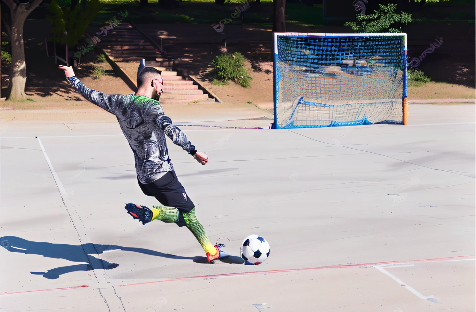 chutando uma bola de futebol em uma quadra de concreto com uma rede de goleiro, jogar futebol, em um campo de futebol, jogador de futebol, fotografia esportiva, Dribles, fotografia de esporte, tiro no ar, dynamic action shot, O jogador de futebol Antoine Griezmann, estilo esportivo profissional, tiro voador, trending dribble, fotografia de atleta, Dando um chute, action shot, usar joelheiras e cotoveleiras
