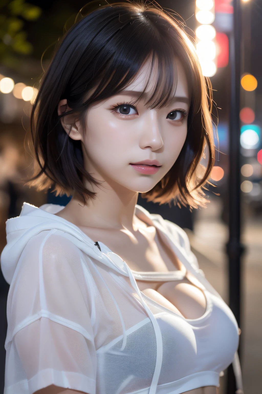 japanaese girl、-yeld gia beautiful detailed girl、extremely detailed eye and face、Beautiful detailed eyes、streetlights、Soft light、(Raw photography、finely best quality)、(is looking at the camera)、short-hair、bangss、Facial expressions thinking about bad things、城市、TOKYOcty、夏天、mid night、Sheer hood、Plain T-shirt、shortpants、middlebreasts、Street Fashion