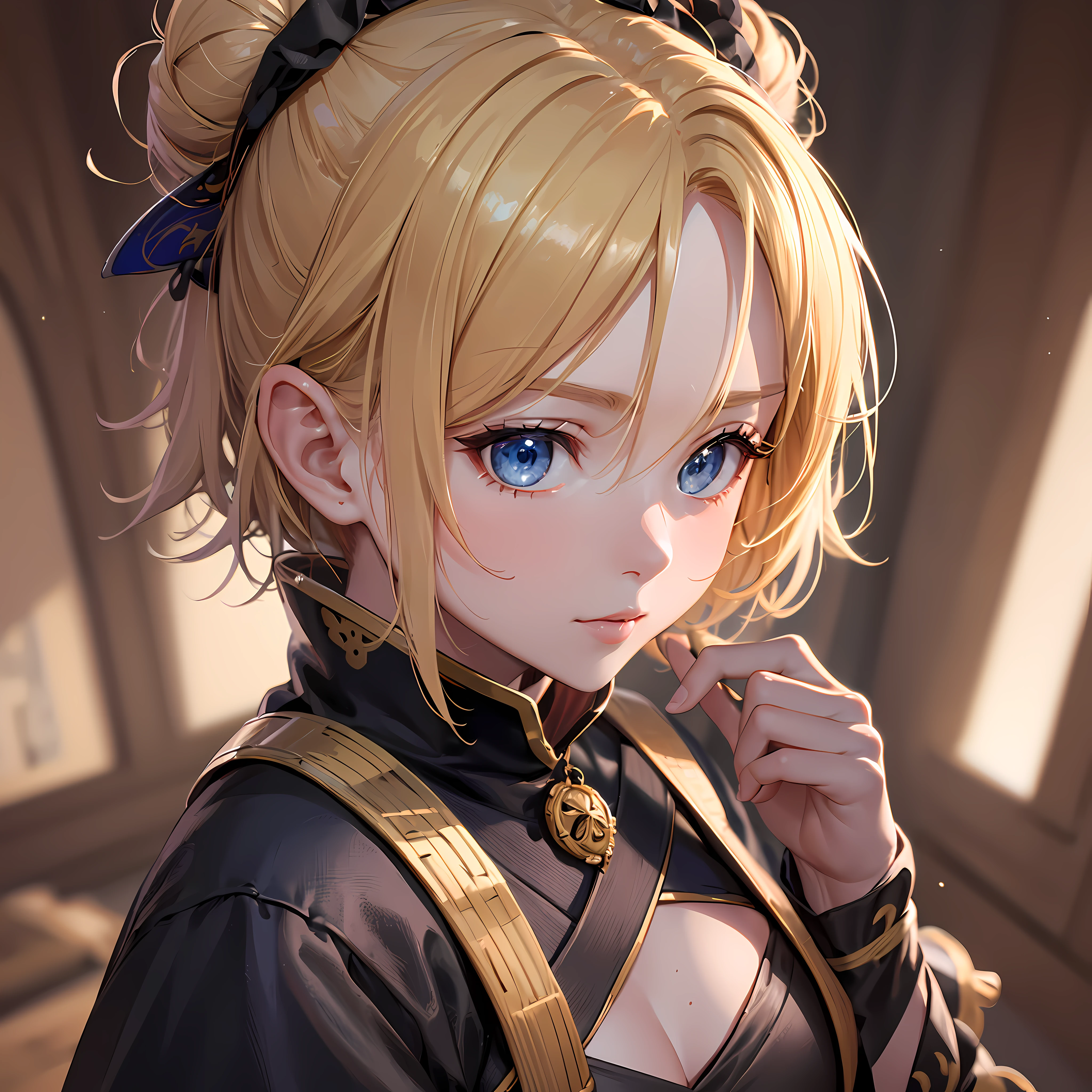 (best quality: 1.2), (ultra-detailed: 1.2), fantastic lighting, 4k, Full HD, detailed, perfect, master piece, beautiful stroke, blonde girl, short, covered in black clothing, Kunoichi, fully dressed, short hair pinned up in a samurai bun, petite and cute, halfling, medieval clothes