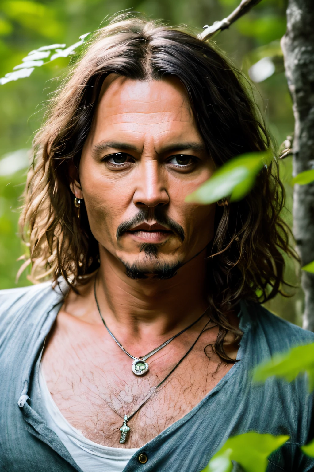 Masterpiece, Johnny Depp Walks Through the Jungle (Night of Fireflies), (High Detail: 1 1), Rough Face, Natural Skin, High Quality, NSFW, Beautiful Eyes, (Detailed Face and Eyes), (Face :1 2), noise, extra, real photo, PSD, light film photography, sharp focus, contrast lighting, detailed skin, high resolution 8k, crazy detail, realistic, professional photography, 8k UHD, DSLR, soft light , high quality, film grain, Fujifilm XT3