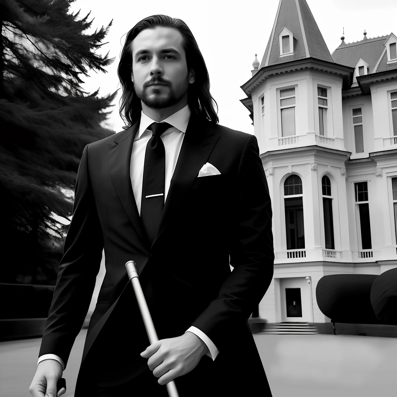 The long-haired man wears a black suit and is backed by a bird-beaked humanoid holding an umbrella for it