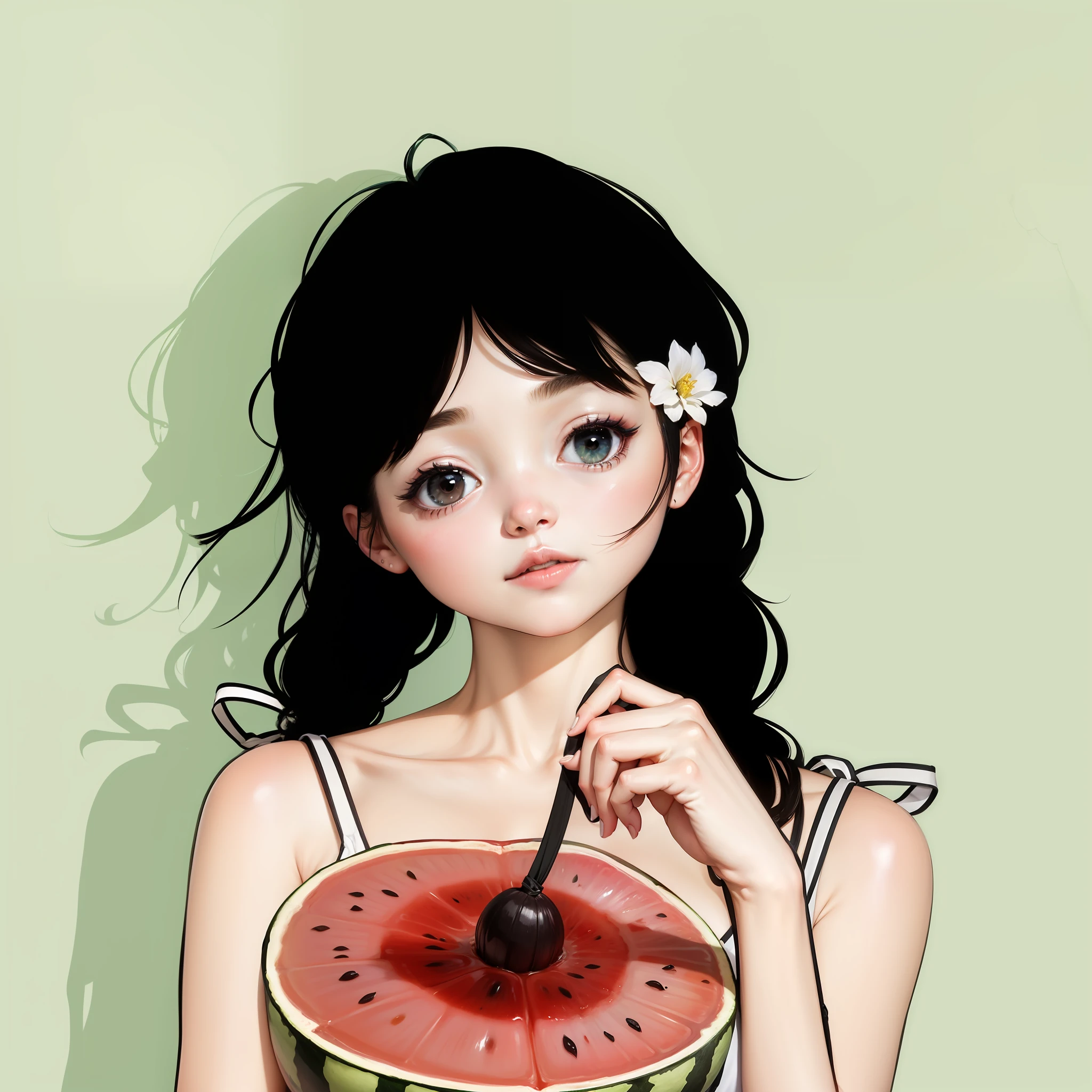 s girl,dual horsetail,Small sling,Small Fresh,eating watermelon,