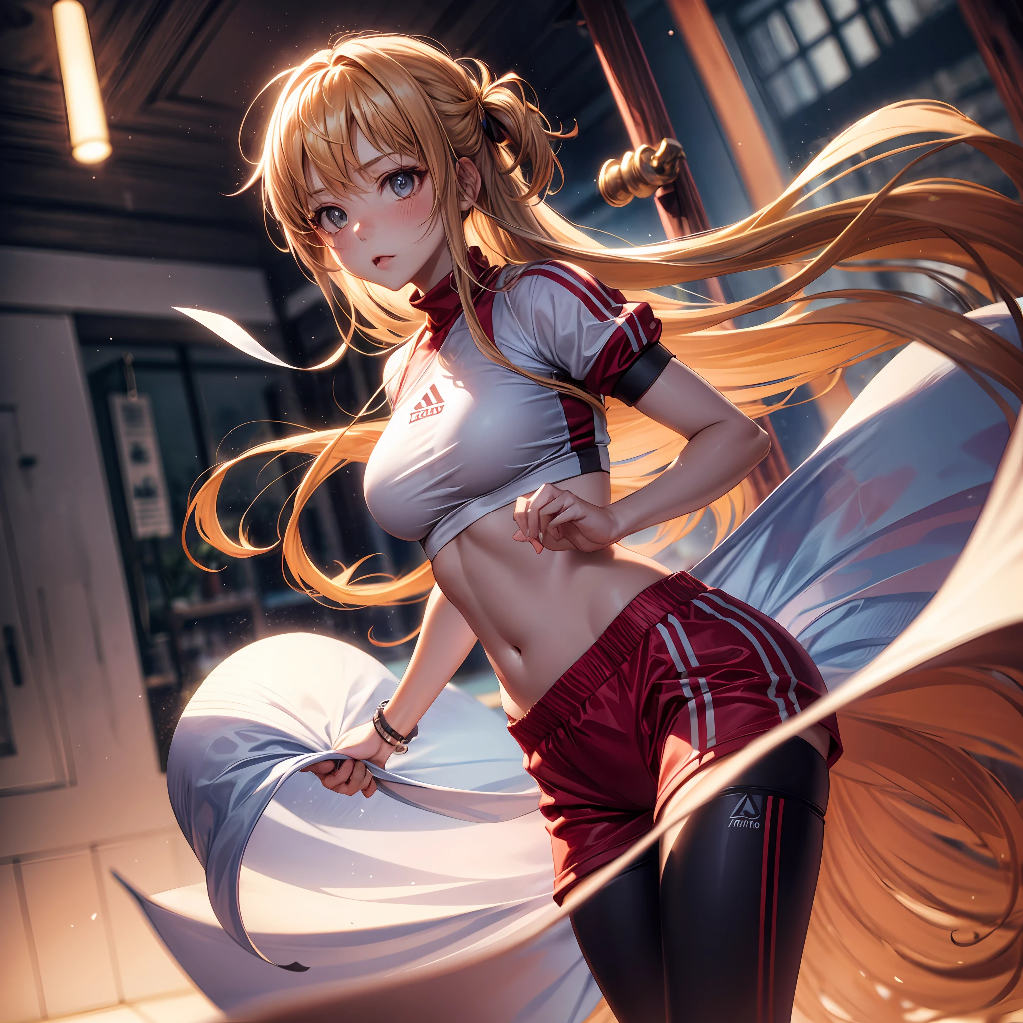 arurinh, (blushing)) ((blushing)), waist up, aberdes, long straight lift hair, dynamic pose, modelshoot: photoshoot, HD, high contrast, sharp image, mastery, mouth closed, balanced eyes, CG render, small skull, clavicle detail, (best quality detail: 1.2), realistic, 8K ultra-fine, high quality texture, fine texture, fine detail, high detail, extremely detailed CG, high quality shadows, beautiful and delicate eyes, freedom, beautiful woman, smaller breasts, tall, blurred background, lime-colored gym clothes,