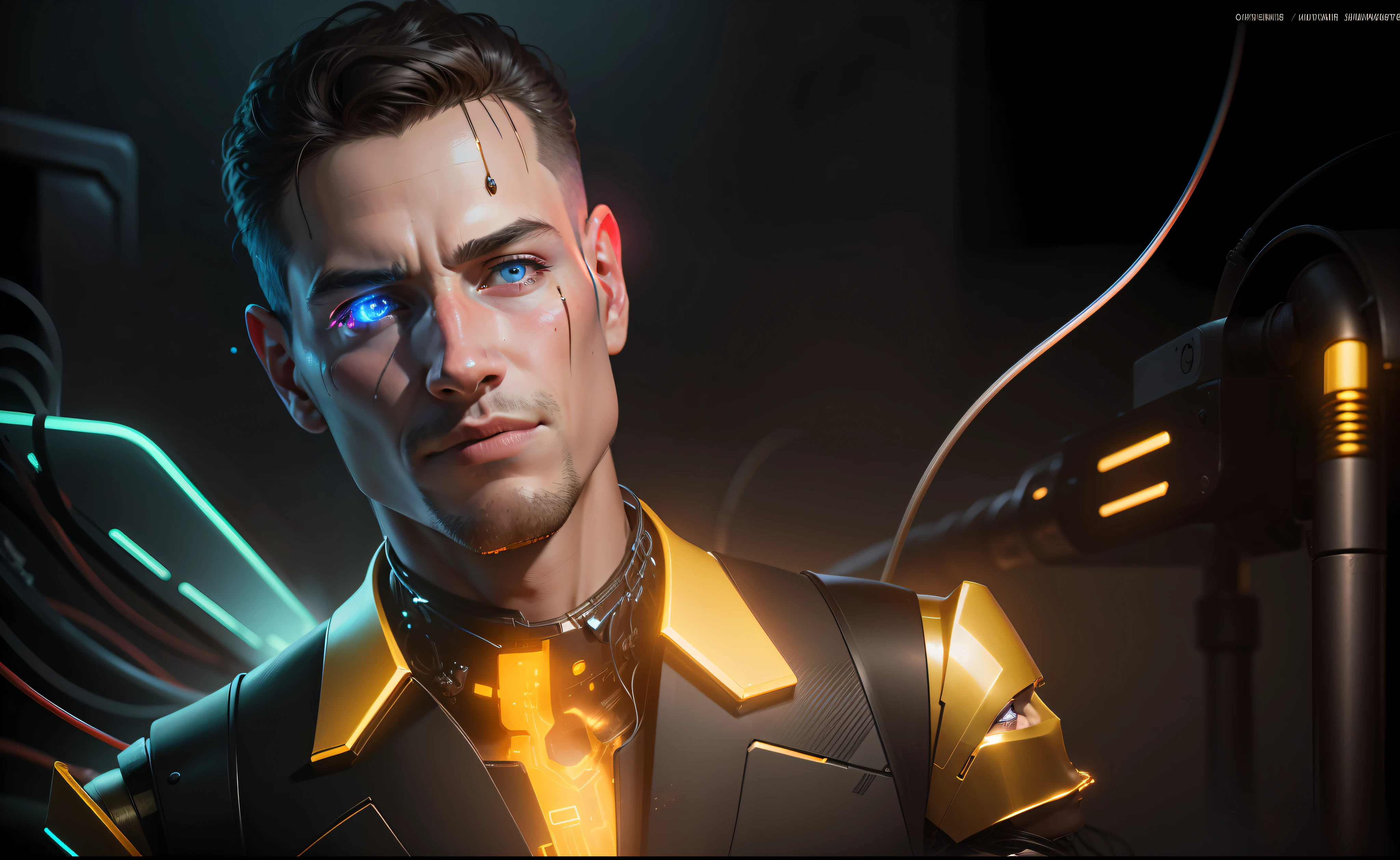 cyborg man portrait, exposed wires, gold oil leaking from rusty wires
Please, improve the image of that person with more resolution and definition, as if it were a new photo. Highly detailed HD. Background high-tech fantasy synthwave futuristic, glowing neon fanart machine, 16k beautiful digital artwork hyper realistic ultra realistic --auto
