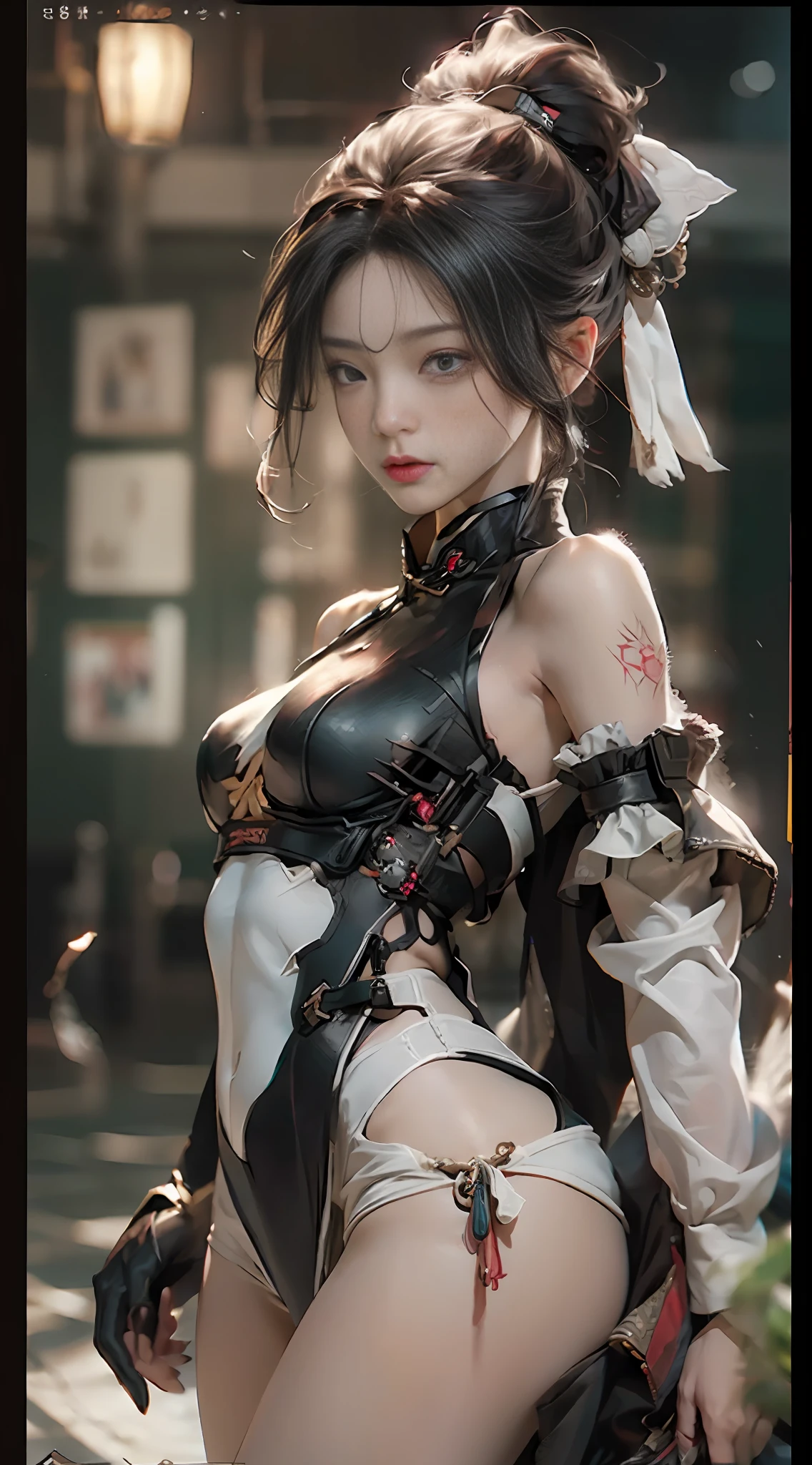 ((best qualtiy)), ((tmasterpiece)), (the detail:1.4), 3D,HDR(HighDynamicRange),Contre-Jour,War-damaged maiden,A in a cheongsam looks like she came out of ancient times,But she's full of cyberpunk elements。Her expression was fierce,There seemed to be endless anger in his eyes,The different degrees of scars and cuts all over the body make people feel awe。largeaperture,Ray traching,NVIDIA RTX,Super-Resolution,Unreal 5,Subsurface scattering、PBR Texture、post-processed、Anisotropy Filtering、depth of fields、maximum definition and sharpness、Many-Layer Textures、Albedo e mapas Speculares、Surface Coloring、Accurate simulation of light-material interactions、perfectly proportioned、Octane Render、Two-colored light、largeaperture、Low ISO、White balance、the rule of thirds、8K RAW、