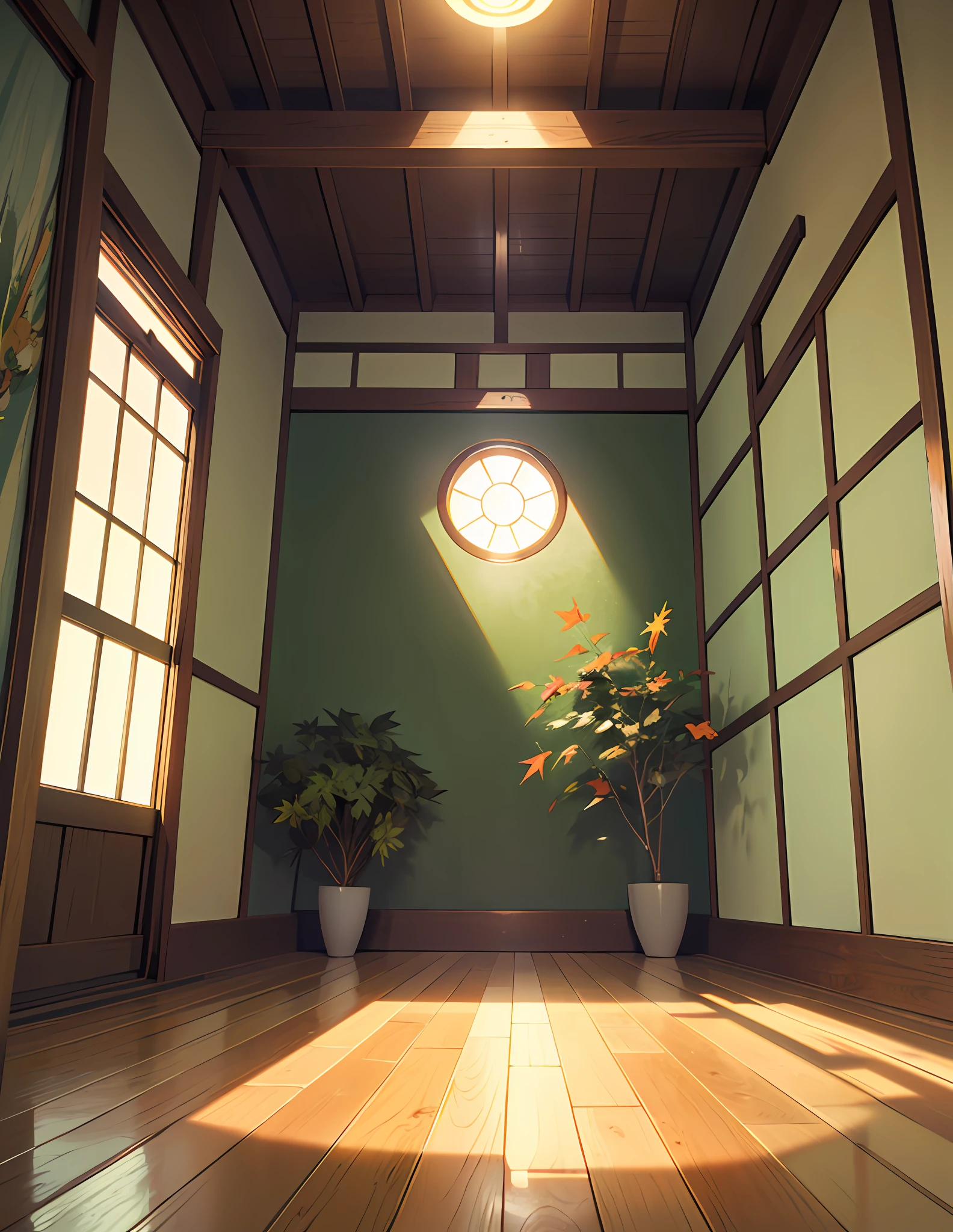 Animated style、Shinkai Makoto's anime painting style、romantic、inside in room、Japan Room、Old Japan room、Beautiful maple leaves outside the small round window、Soft light、Dark indoor、Indoors with large wooden floors、lattice windows、nohuman