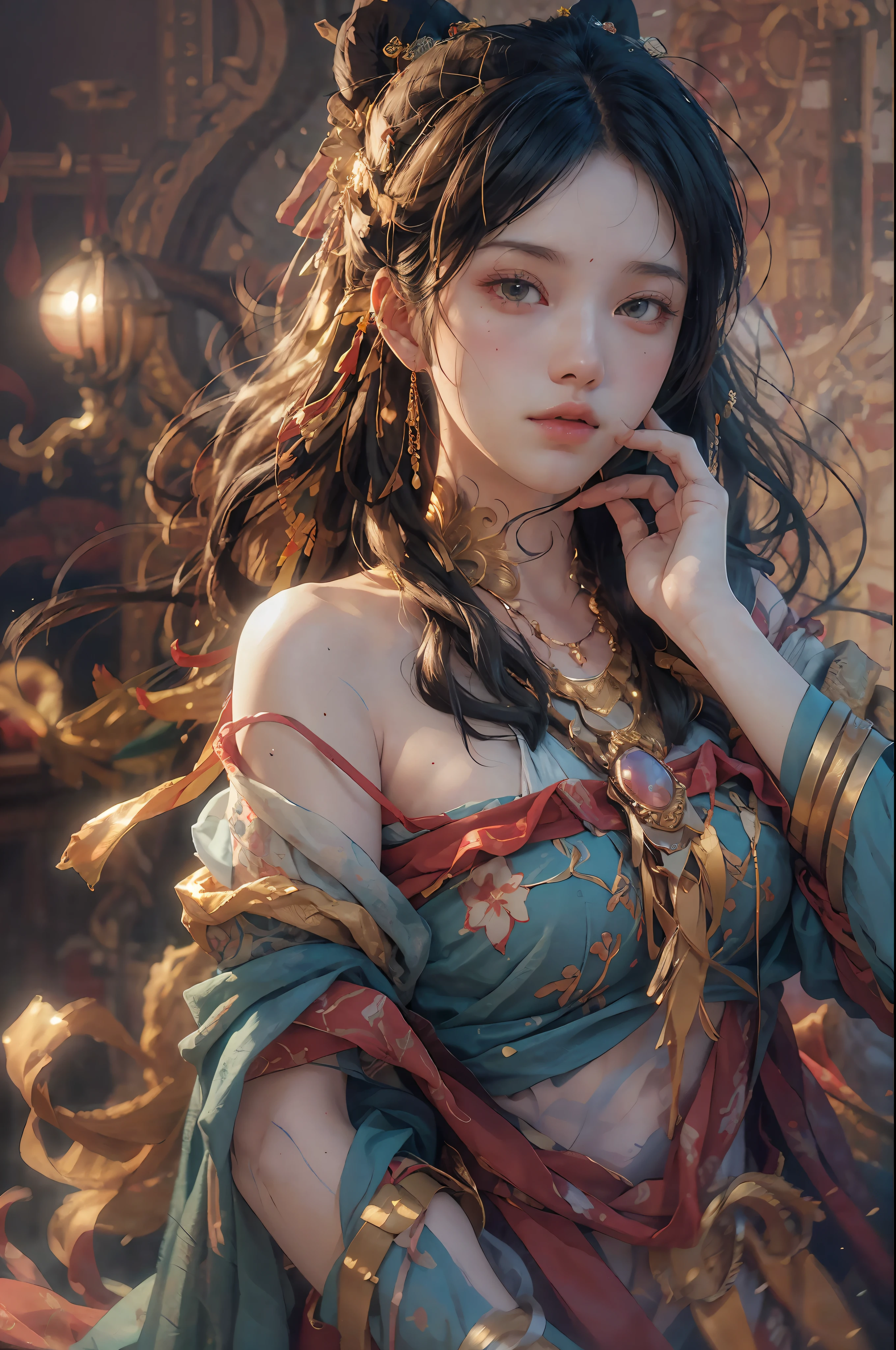 (RAW photo, best quality), (realistic, photo-realistic:1.3),best quality,highly detailed,masterpiece,ultra-detailed,illustration,1girl,upper_body,dynamic angle,world masterpiece theater,messy_long_hair,best quality,extremely detailed CG unity 8k wallpaper,ink,Amazing,cinematic lighting,lens_flare, dunhuang_style
